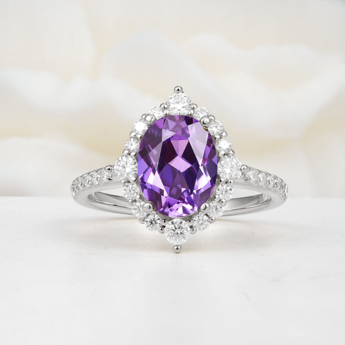 Luxurious Oval Cut Double Halo Pavé Band Amethyst Engagement Ring - Additional view