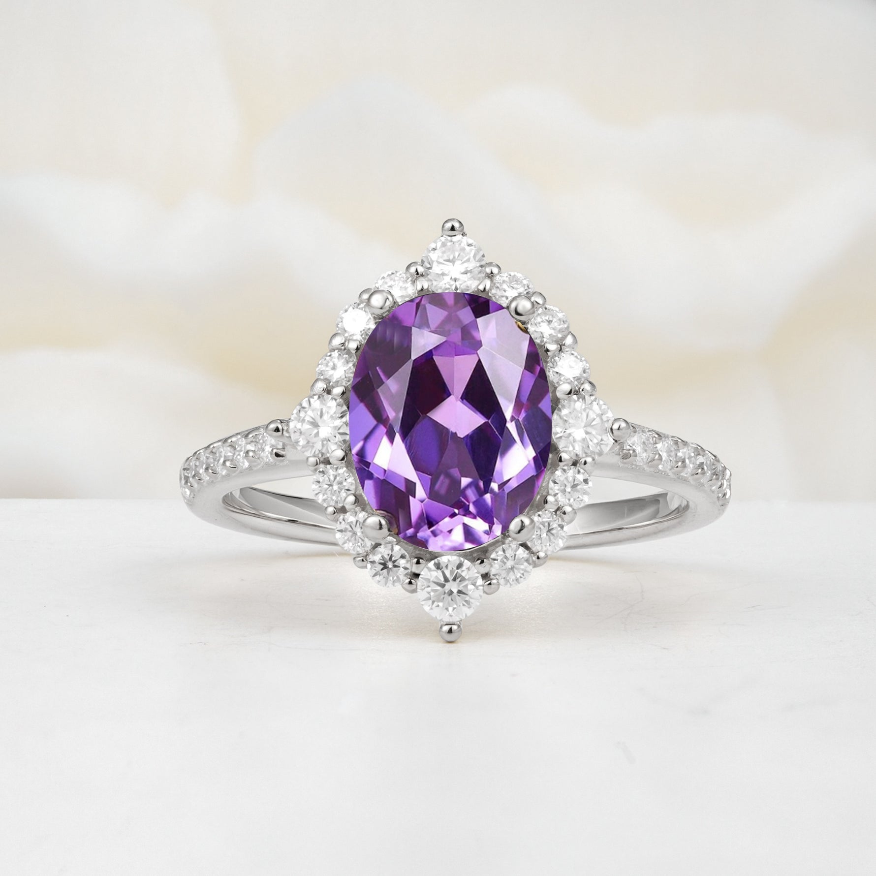 Luxurious Oval Cut Double Halo Pavé Band Amethyst Engagement Ring - Additional view