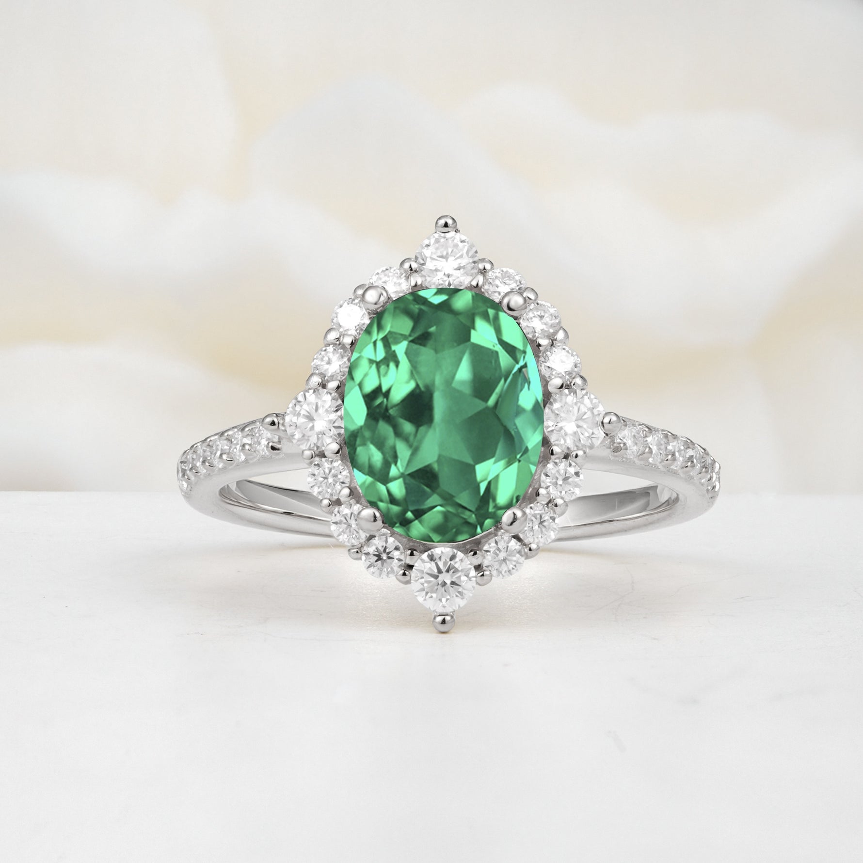 Luxurious Oval Cut Double Halo Pavé Band Emerald Engagement Ring - Additional view