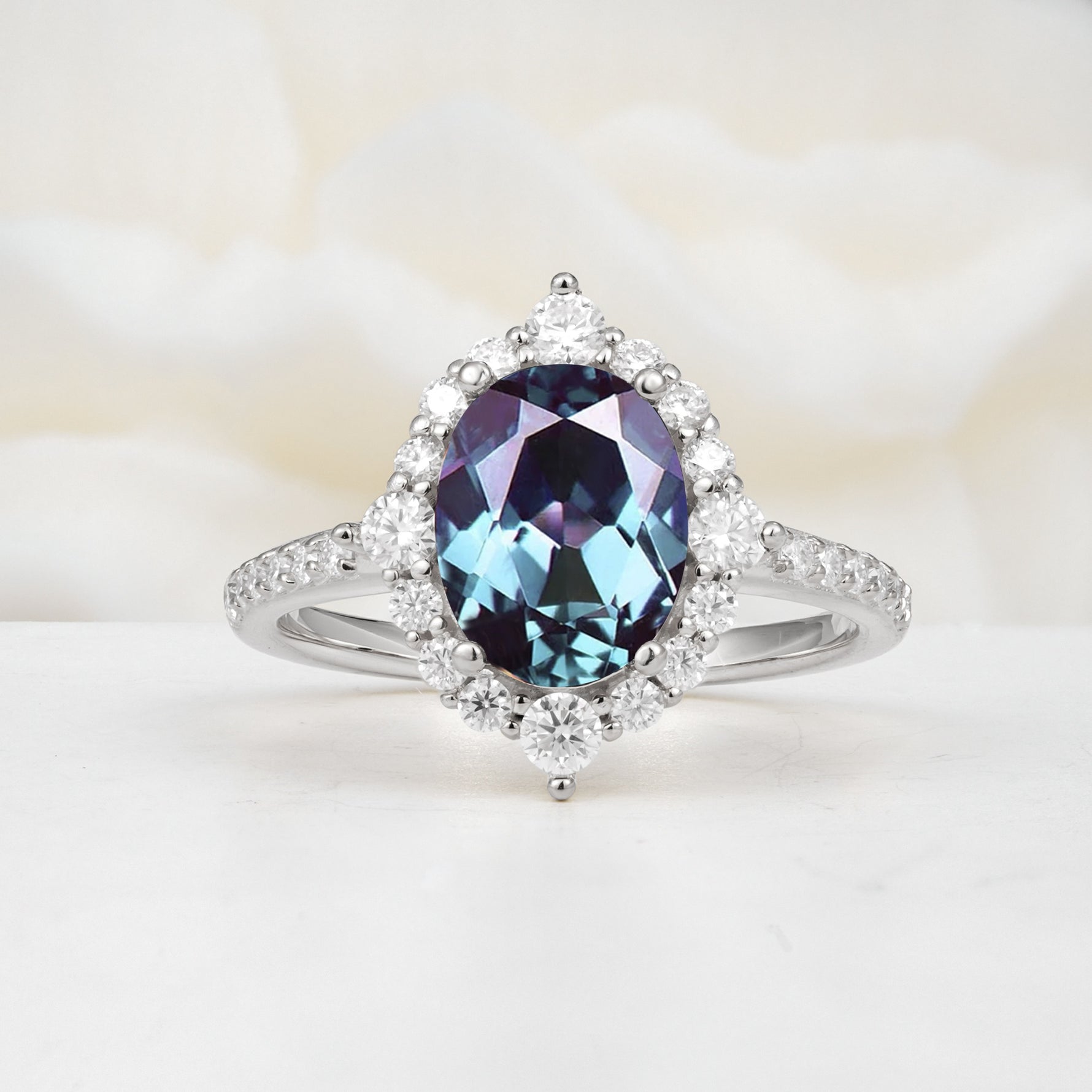 Luxurious Oval Cut Double Halo Pavé Band Alexandrite Engagement Ring - Additional view