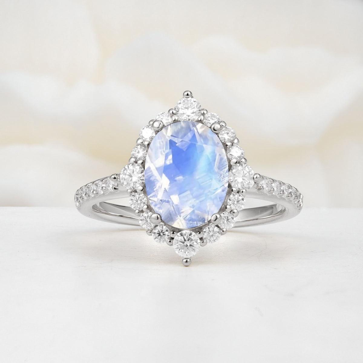 Luxurious Oval Cut Double Halo Pavé Band Moonstone Engagement Ring - Additional view