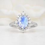 Luxurious Oval Cut Double Halo Pavé Band Moonstone Engagement Ring - Additional view