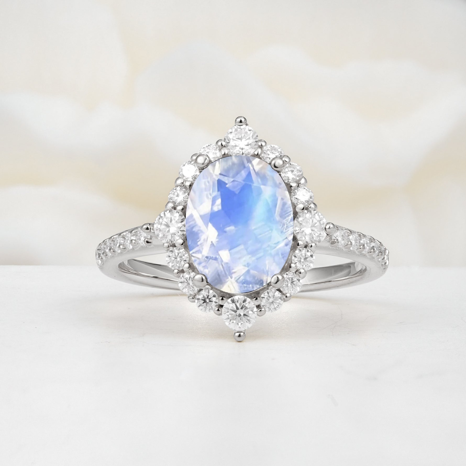 Luxurious Oval Cut Double Halo Pavé Band Moonstone Engagement Ring - Additional view