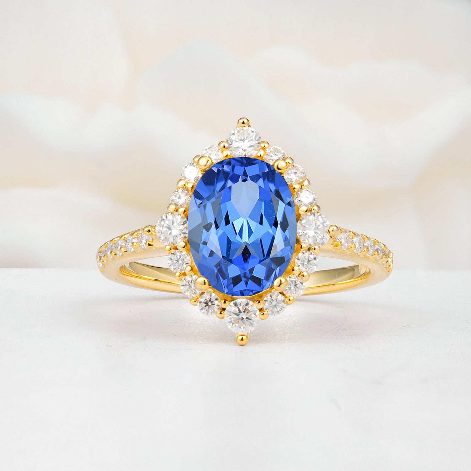Vintage Oval Cut Sapphire Engagement Ring Halo Pave Set Ring