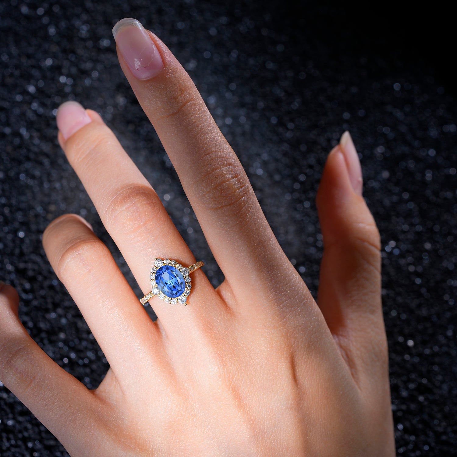 Vintage Oval Cut Sapphire Engagement Ring Halo Pave Set Ring