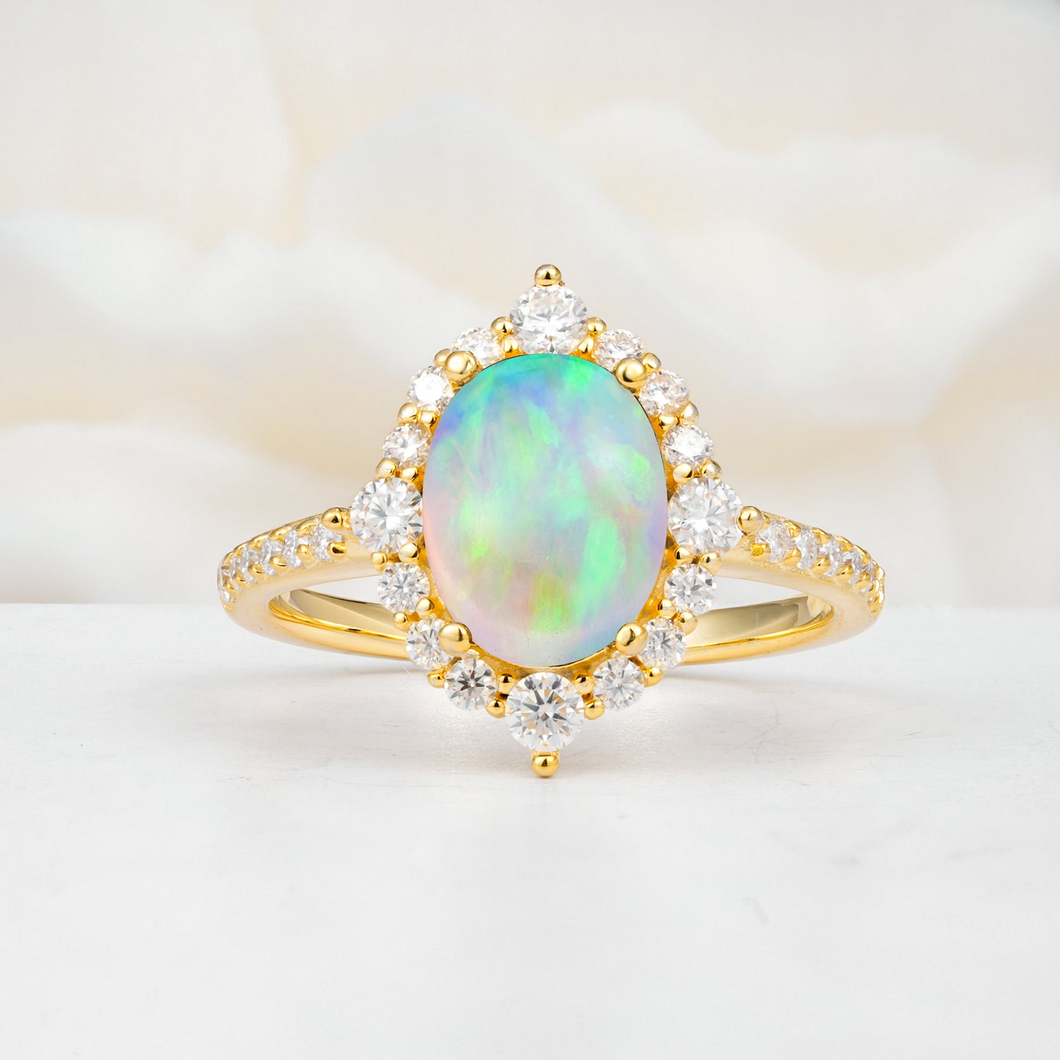 Vintage Oval Cut Opal Engagement Ring Halo Pave Set Ring