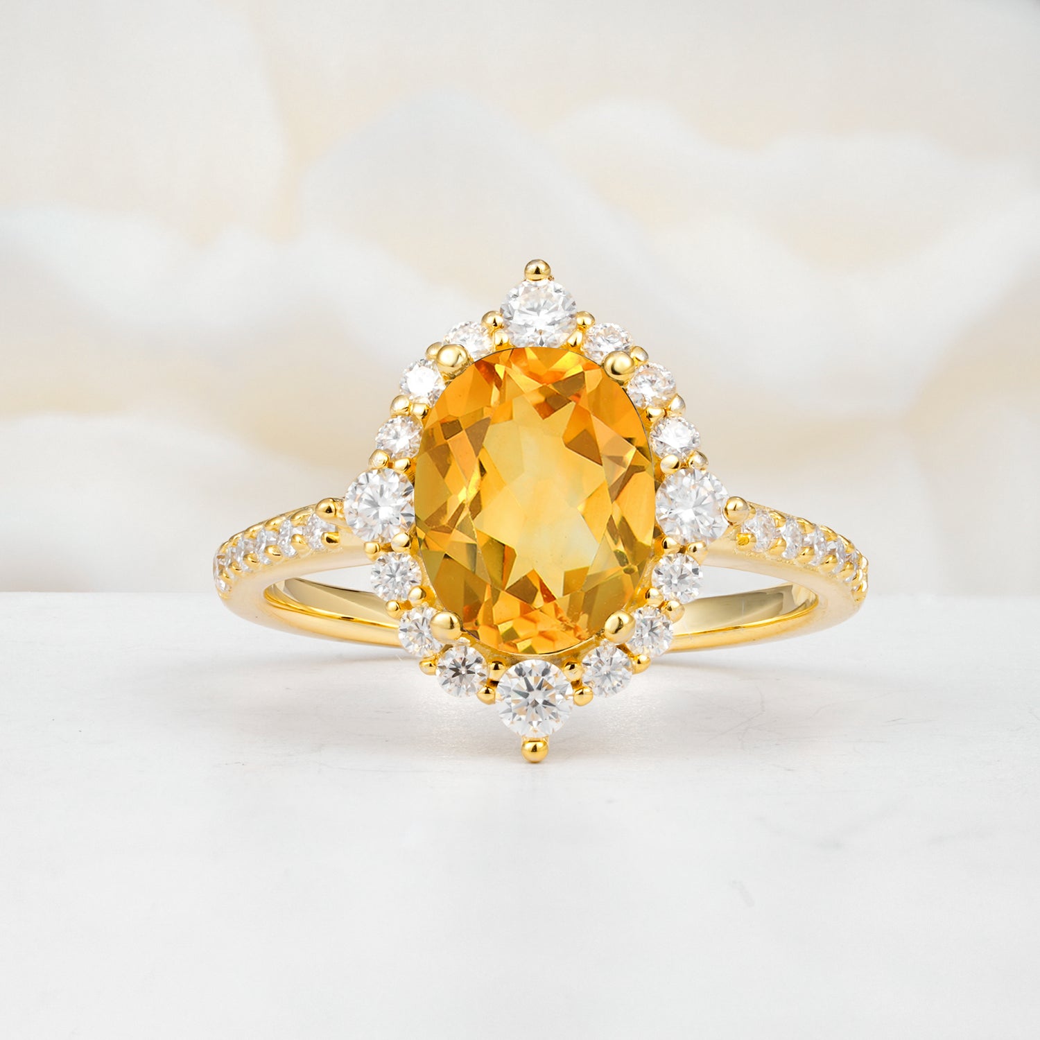 Vintage Oval Cut Citrine Engagement Ring Halo Pave Set Ring