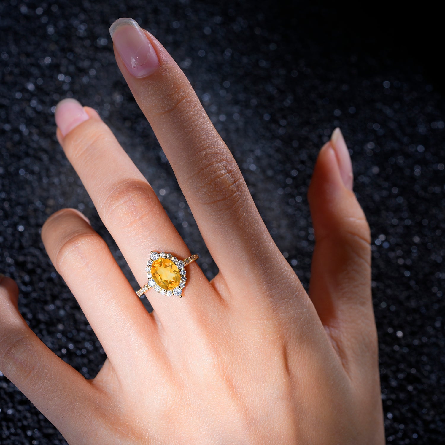Vintage Oval Cut Citrine Engagement Ring Halo Pave Set Ring