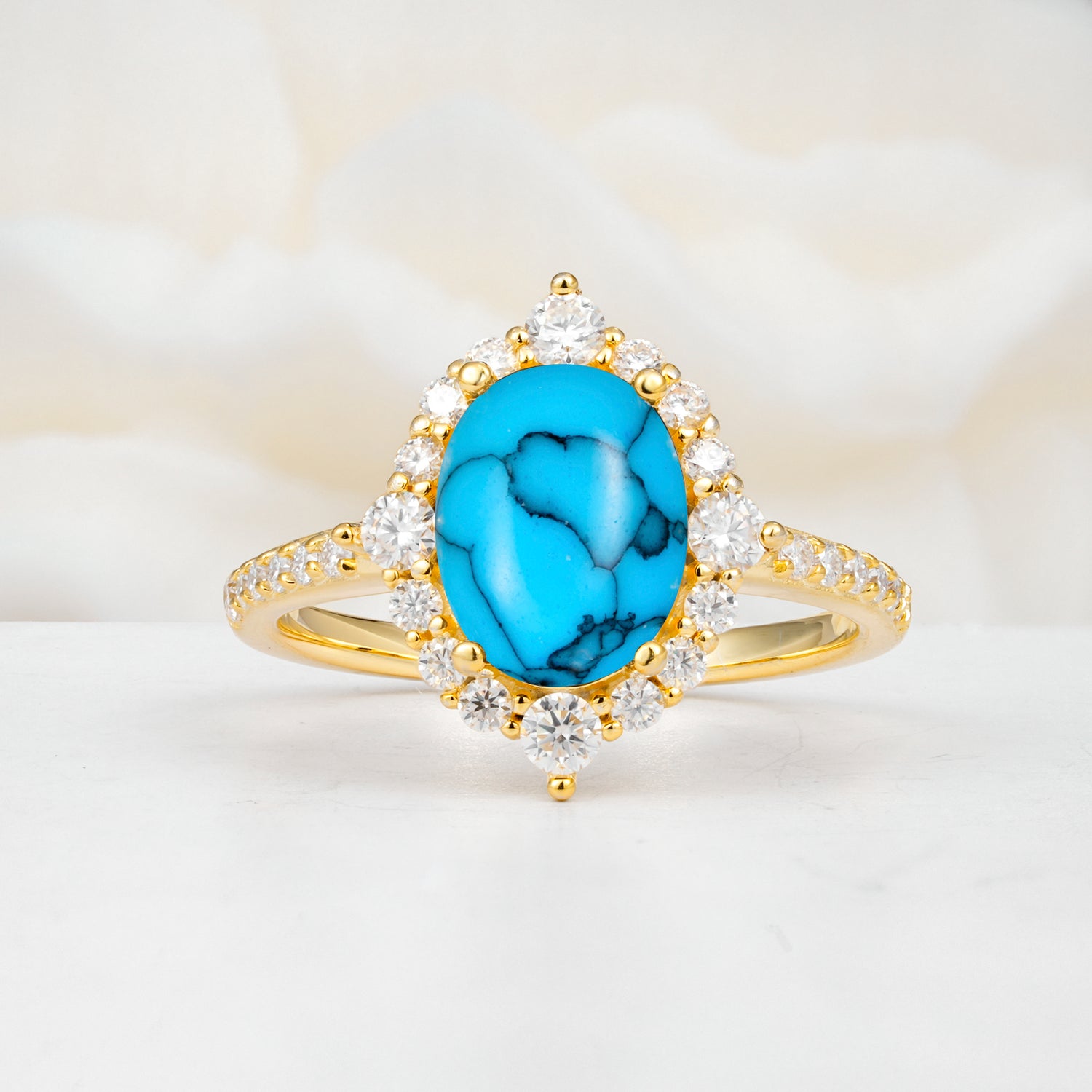 Vintage Oval Cut Turquoise Engagement Ring Halo Pave Set Ring