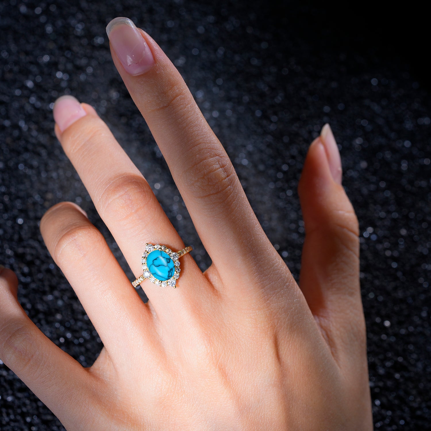Vintage Oval Cut Turquoise Engagement Ring Halo Pave Set Ring