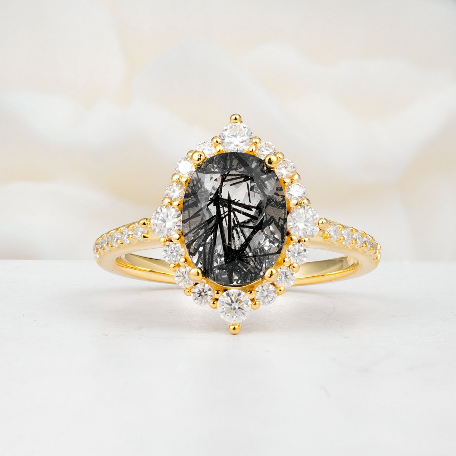 Vintage Oval Cut Black Rutilated Quartz Engagement Ring Halo Pave Set Ring