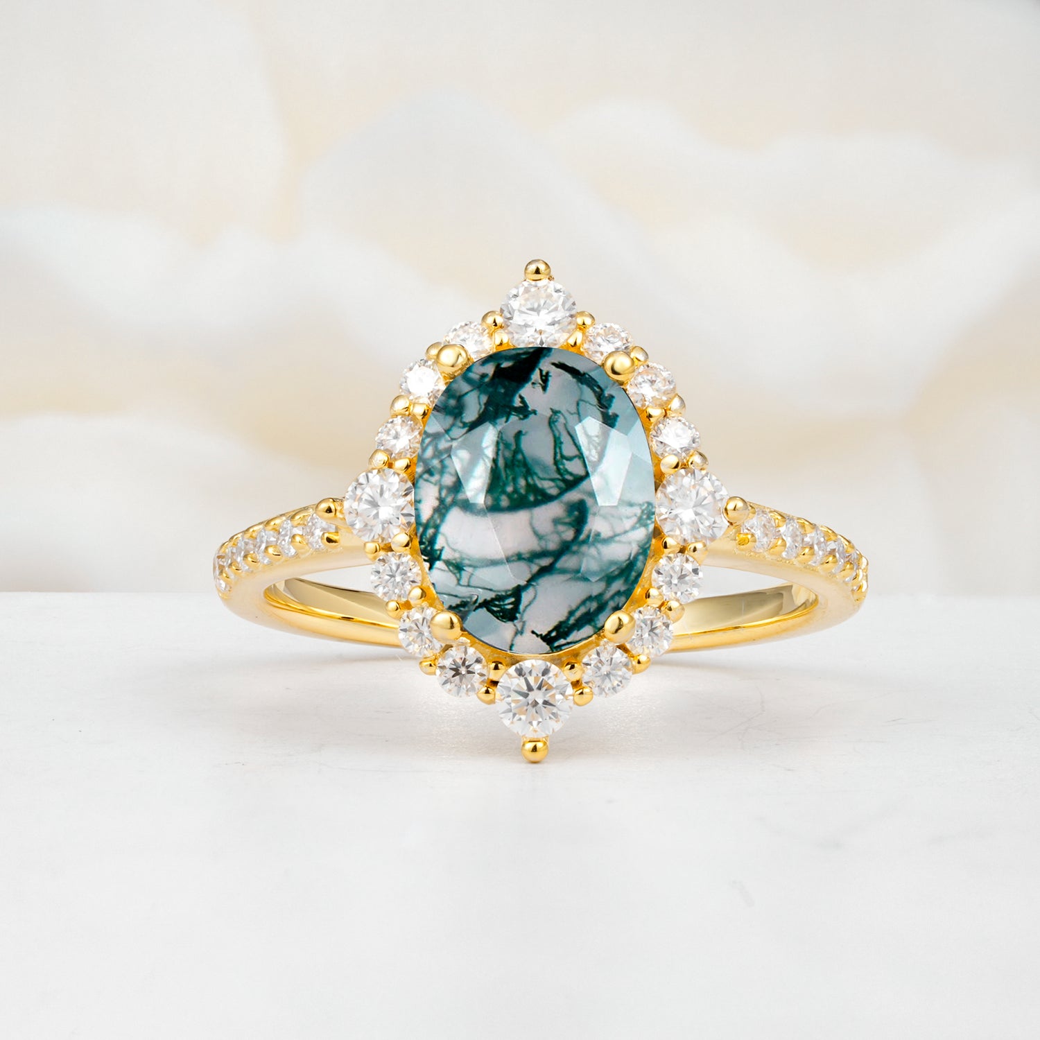 Vintage Oval Cut Moss Agate Engagement Ring Halo Pave Set Ring