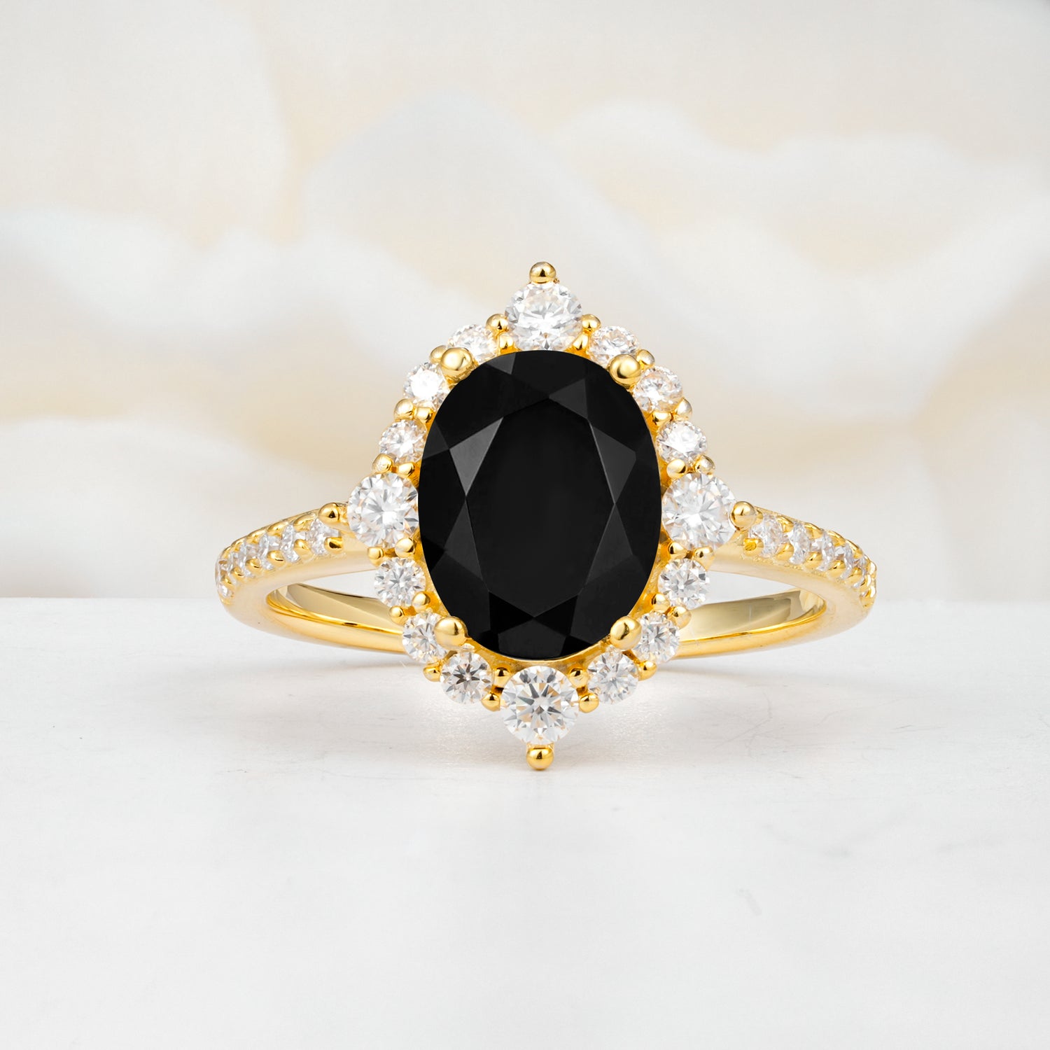Vintage Oval Cut Black Onyx Engagement Ring Halo Pave Set Ring