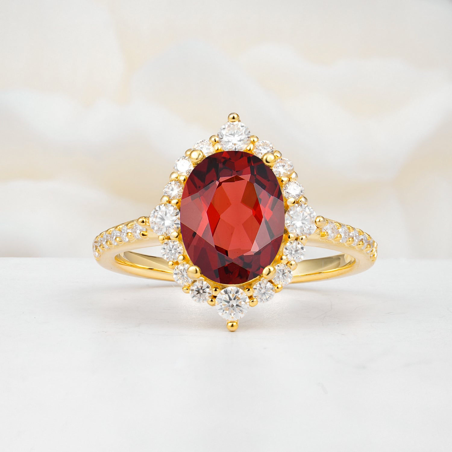 Vintage Oval Cut Garnet Engagement Ring Halo Pave Set Ring