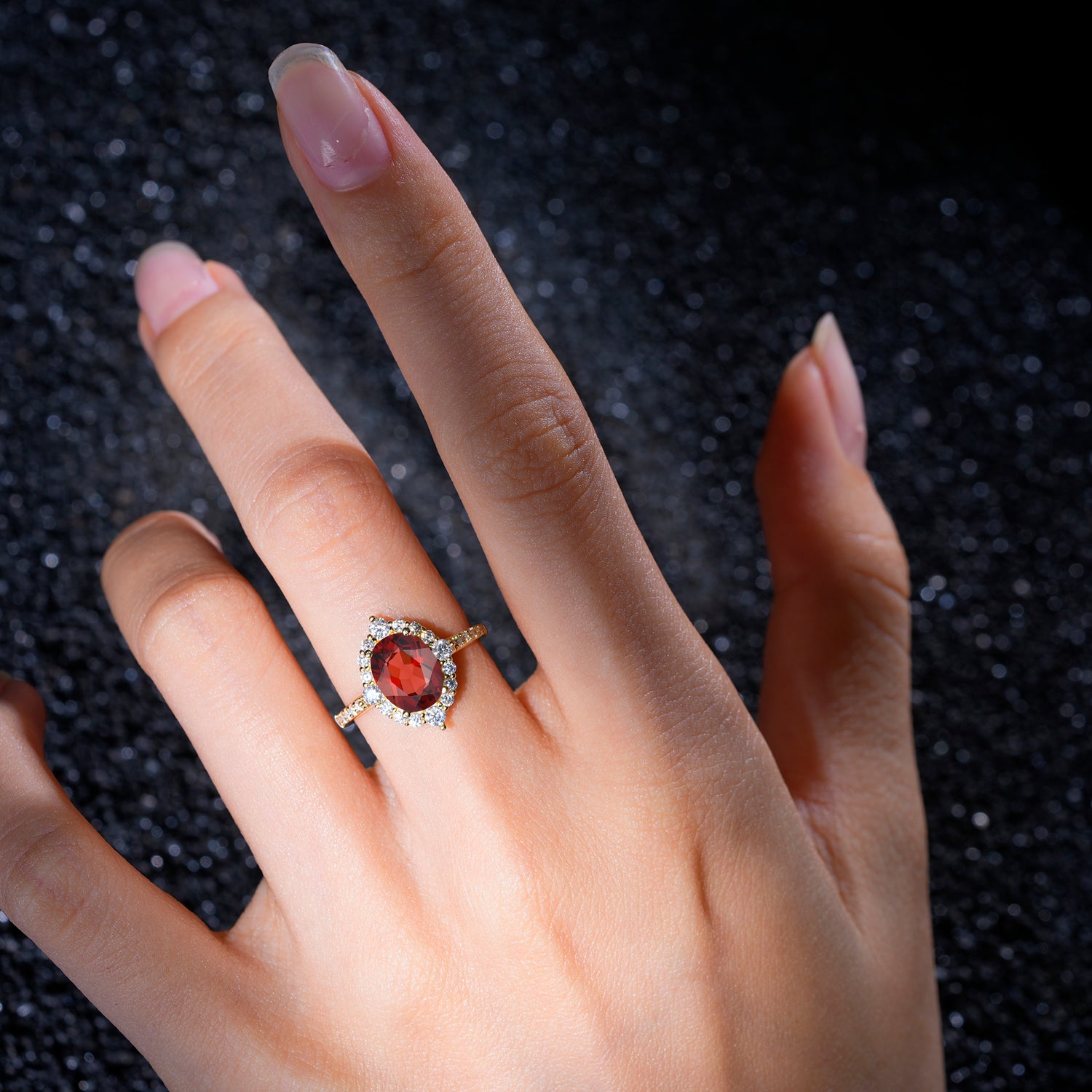 Vintage Oval Cut Garnet Engagement Ring Halo Pave Set Ring