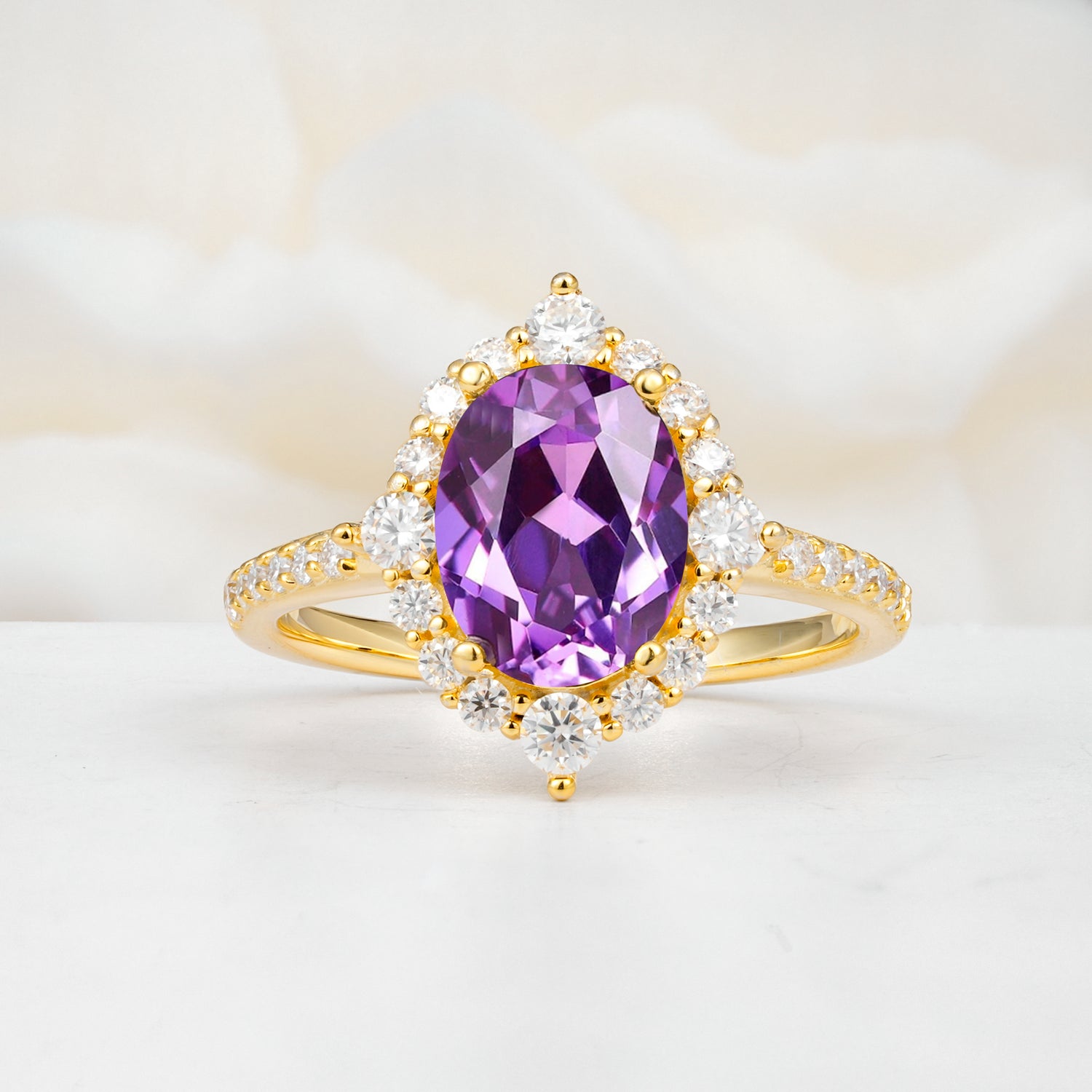 Vintage Oval Cut Amethyst Engagement Ring Halo Pave Set Ring