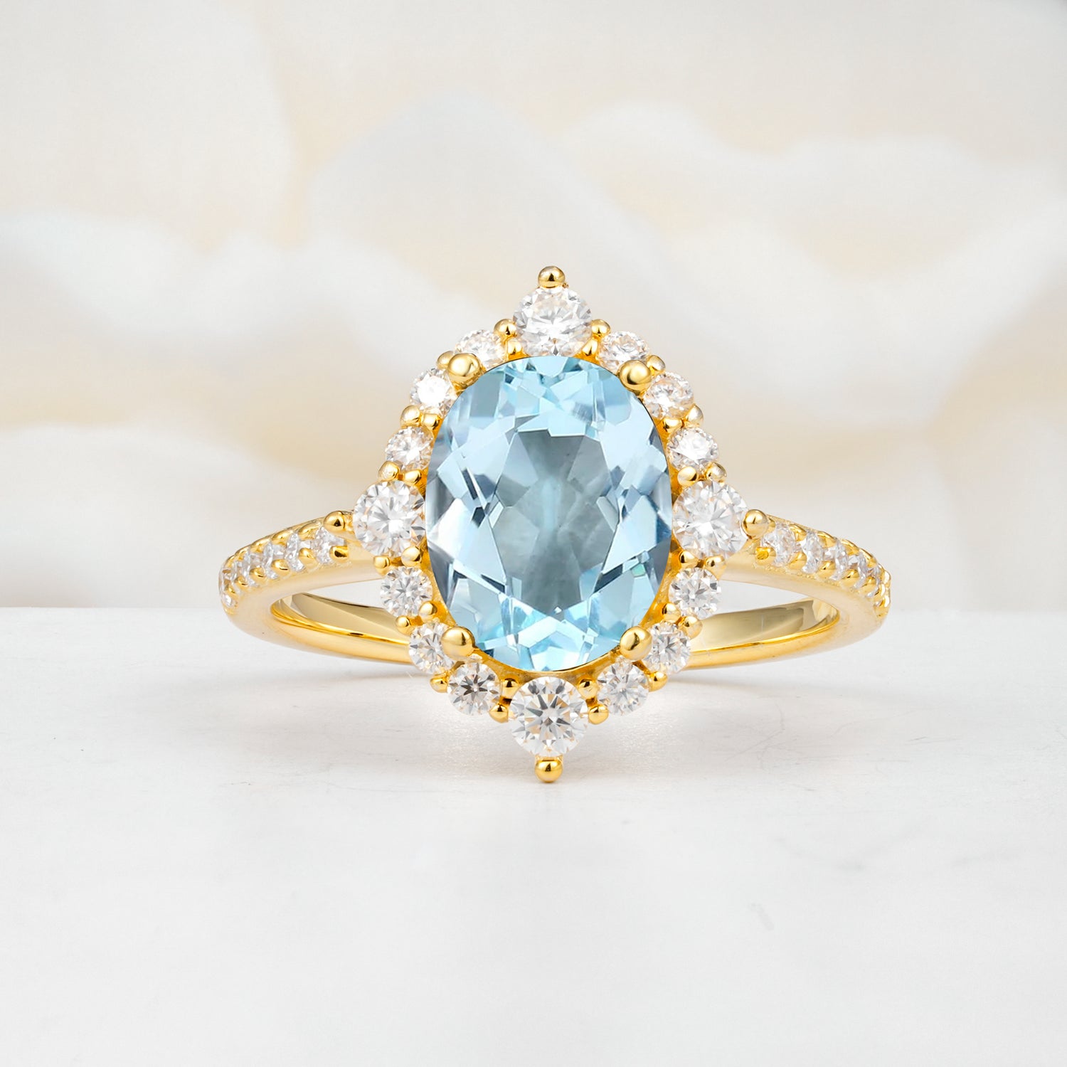 Vintage Oval Cut Aquamarine Engagement Ring Halo Pave Set Ring