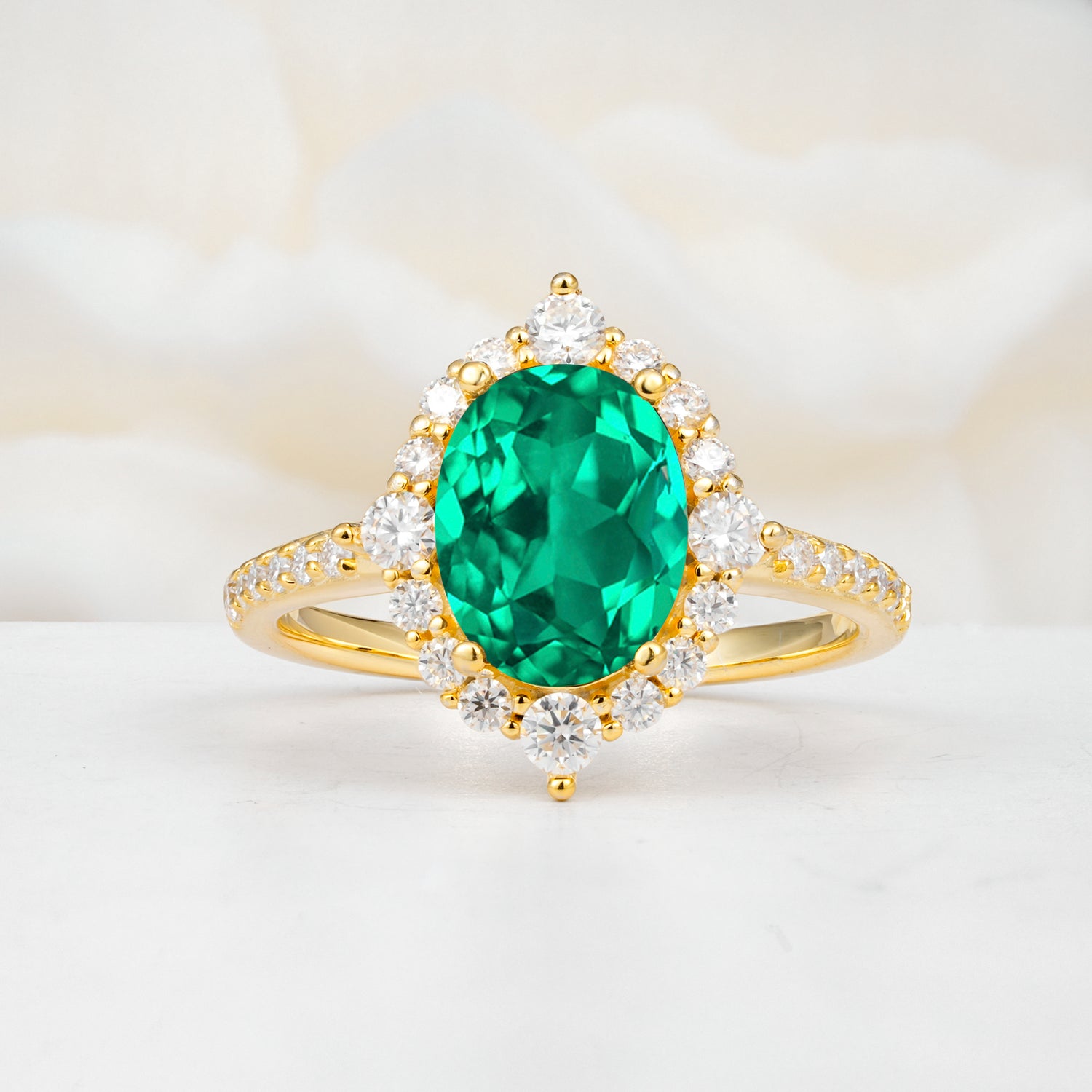 Vintage Oval Cut Emerald Engagement Ring Halo Pave Set Ring