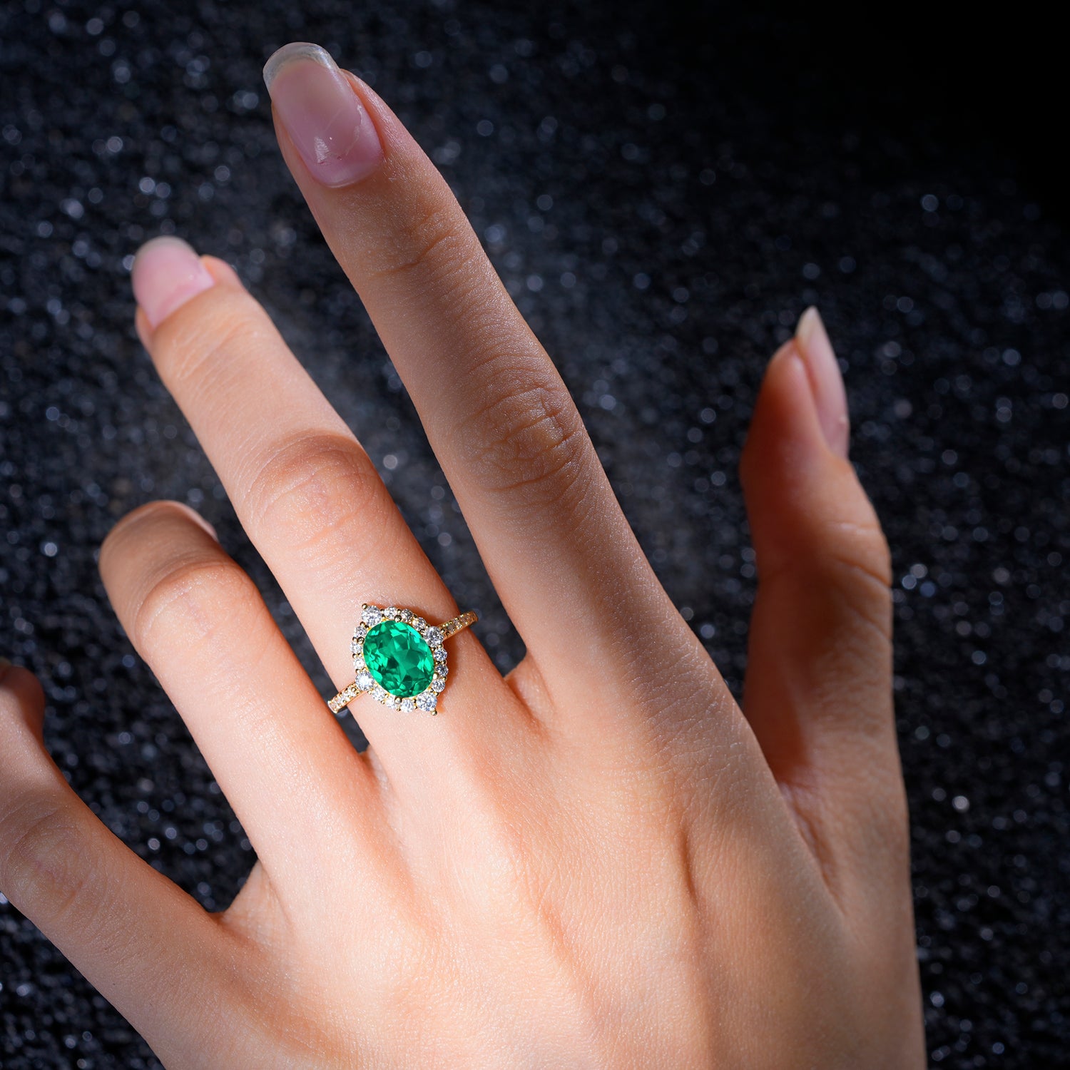 Vintage Oval Cut Emerald Engagement Ring Halo Pave Set Ring