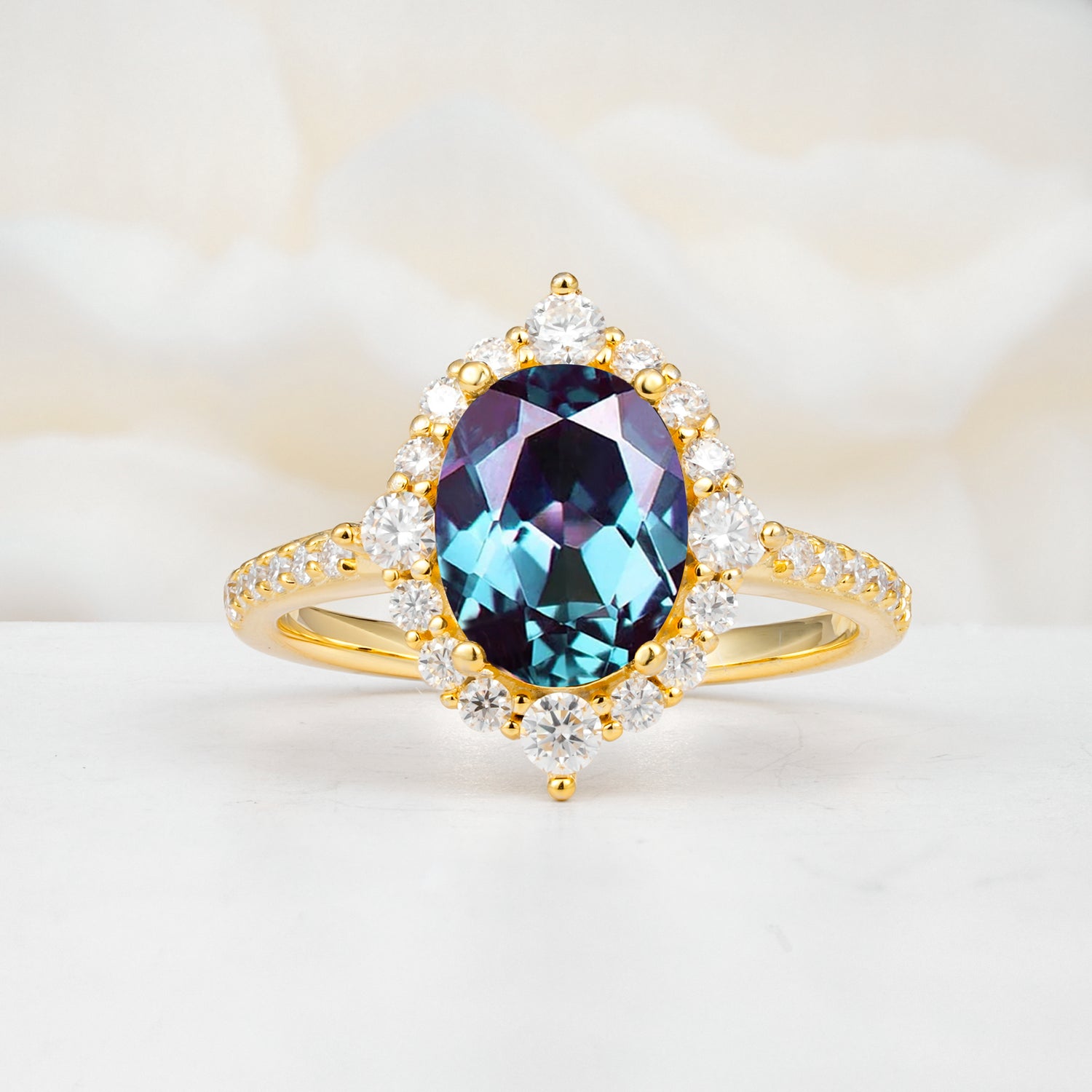 Vintage Oval Cut Alexandrite Engagement Ring Halo Pave Set Ring