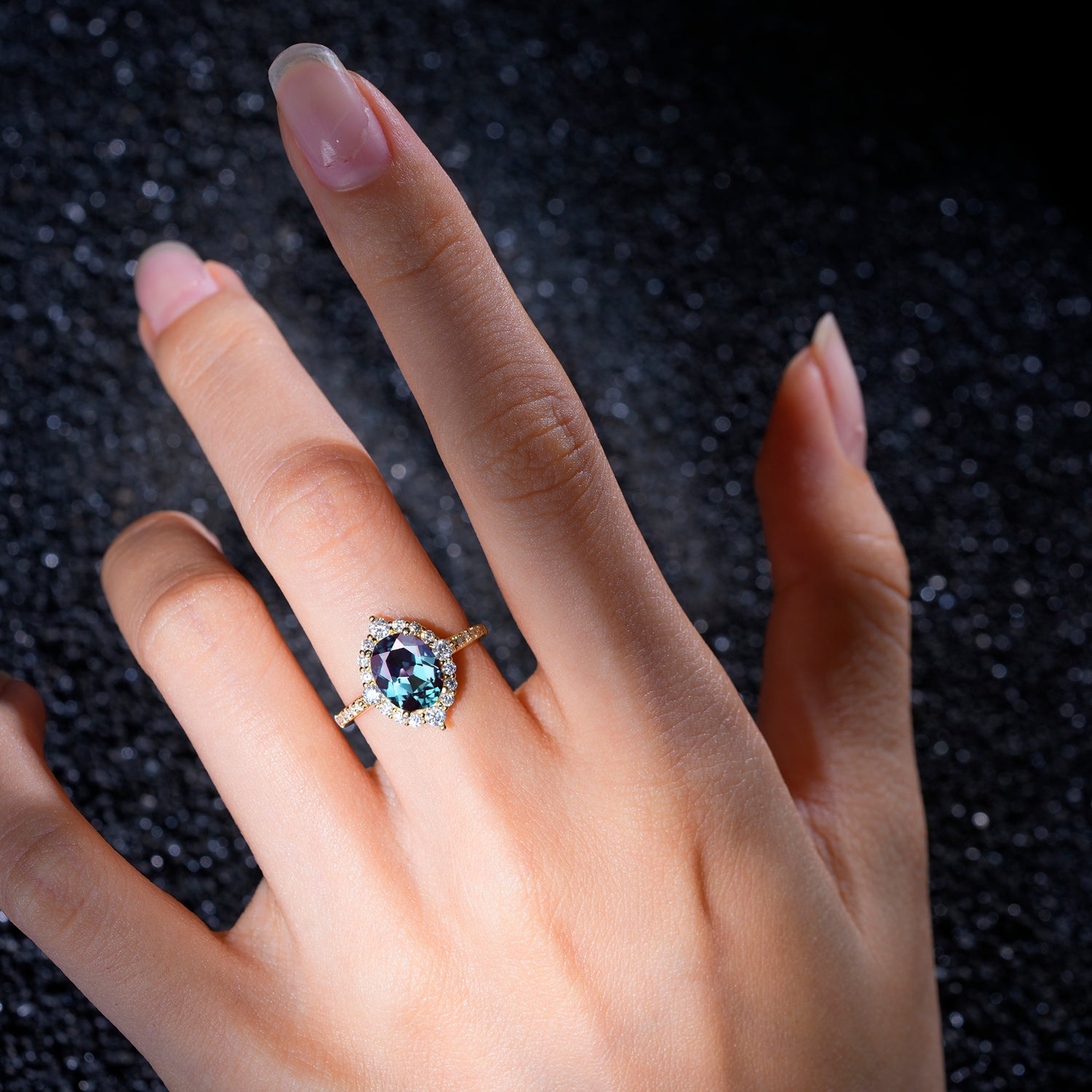 Vintage Oval Cut Alexandrite Engagement Ring Halo Pave Set Ring