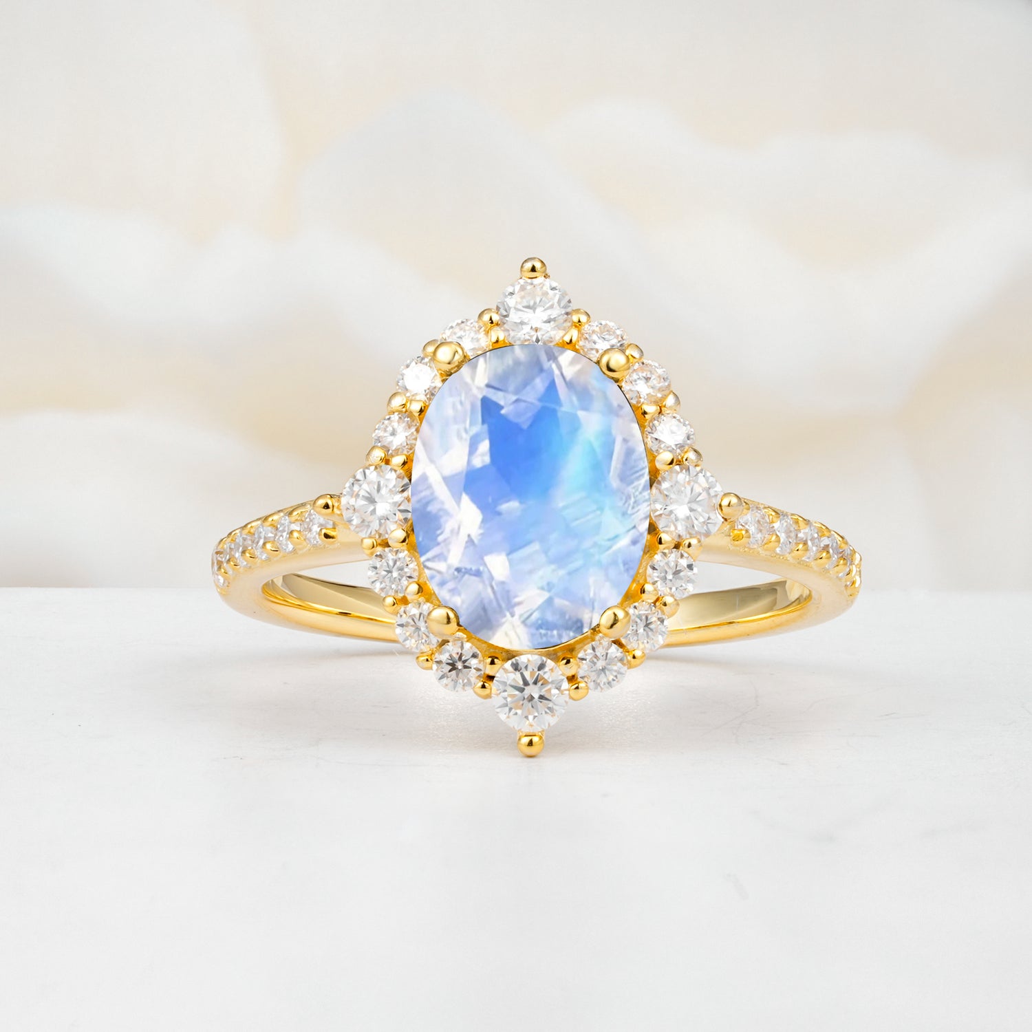 Vintage Oval Cut Moonstone Engagement Ring Halo Pave Set Ring