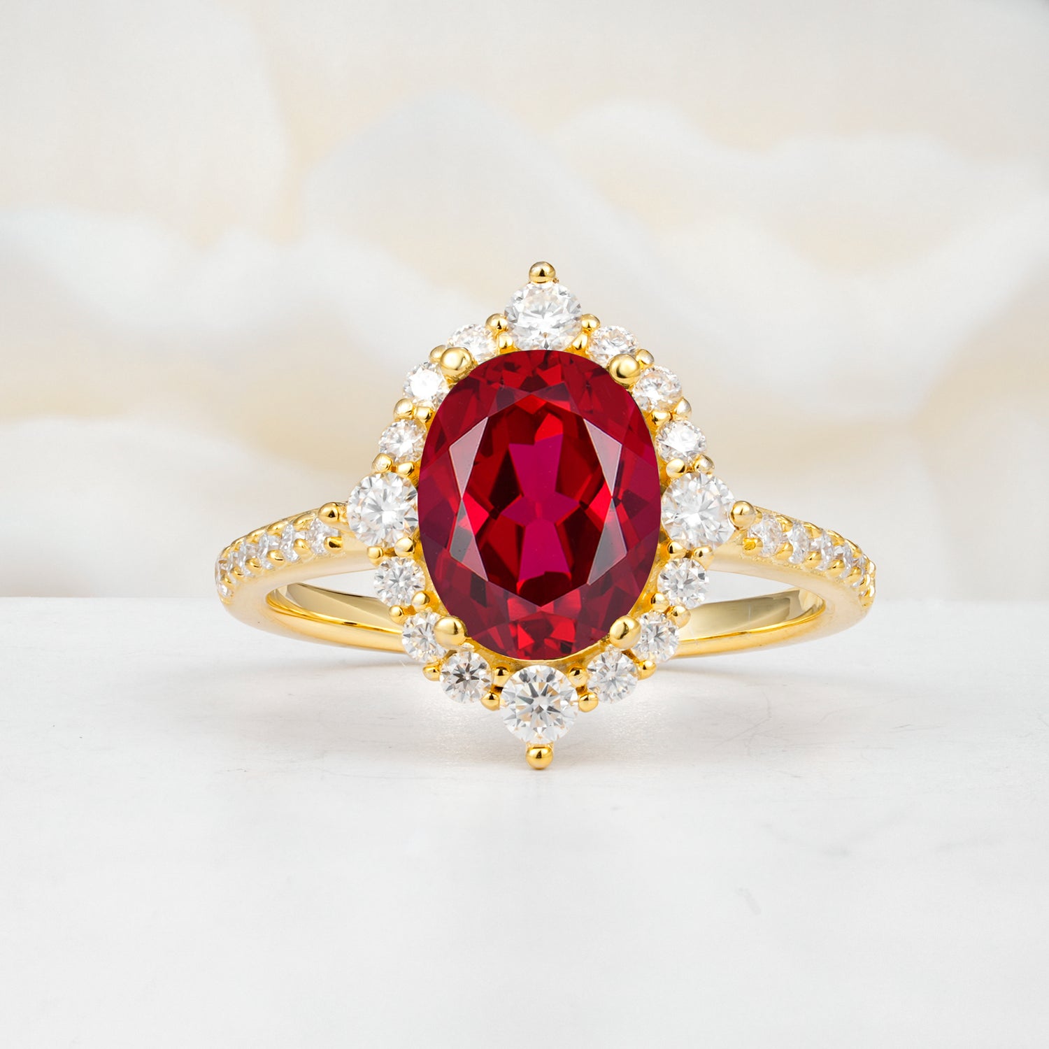 Vintage Oval Cut Ruby Engagement Ring Halo Pave Set Ring