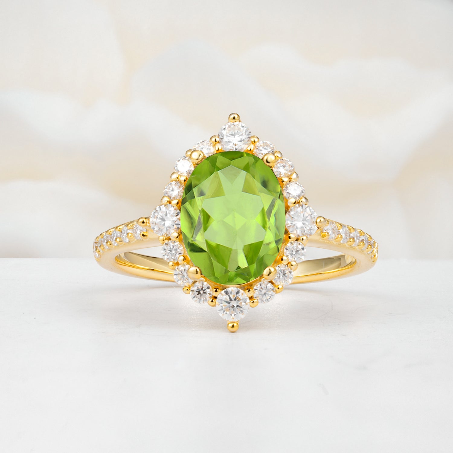 Vintage Oval Cut Peridot Engagement Ring Halo Pave Set Ring