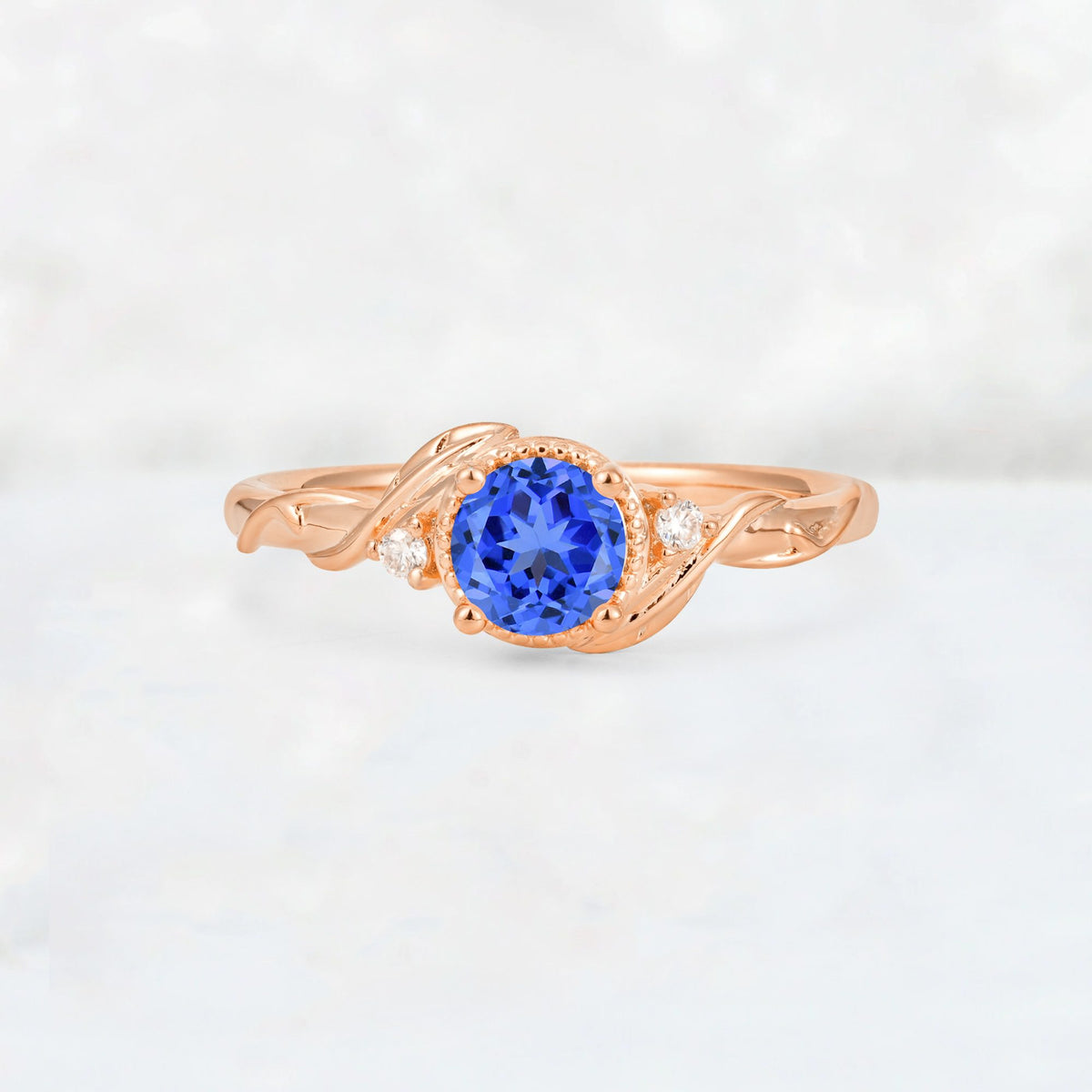 Round Cut Sapphire Leaf Vine Nature-Inspired Engagement Ring - Additional view