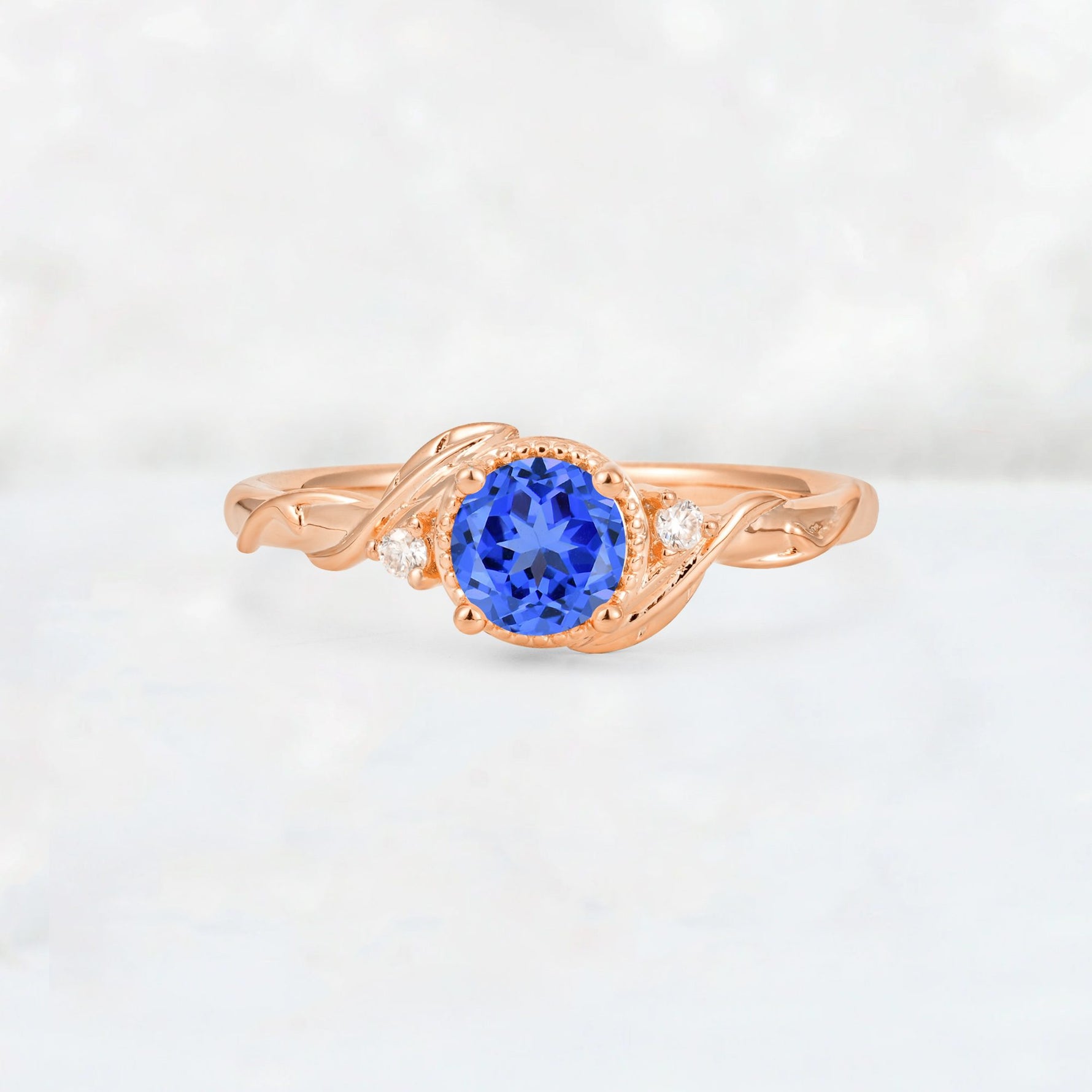 Round Cut Sapphire Leaf Vine Nature-Inspired Engagement Ring - Additional view