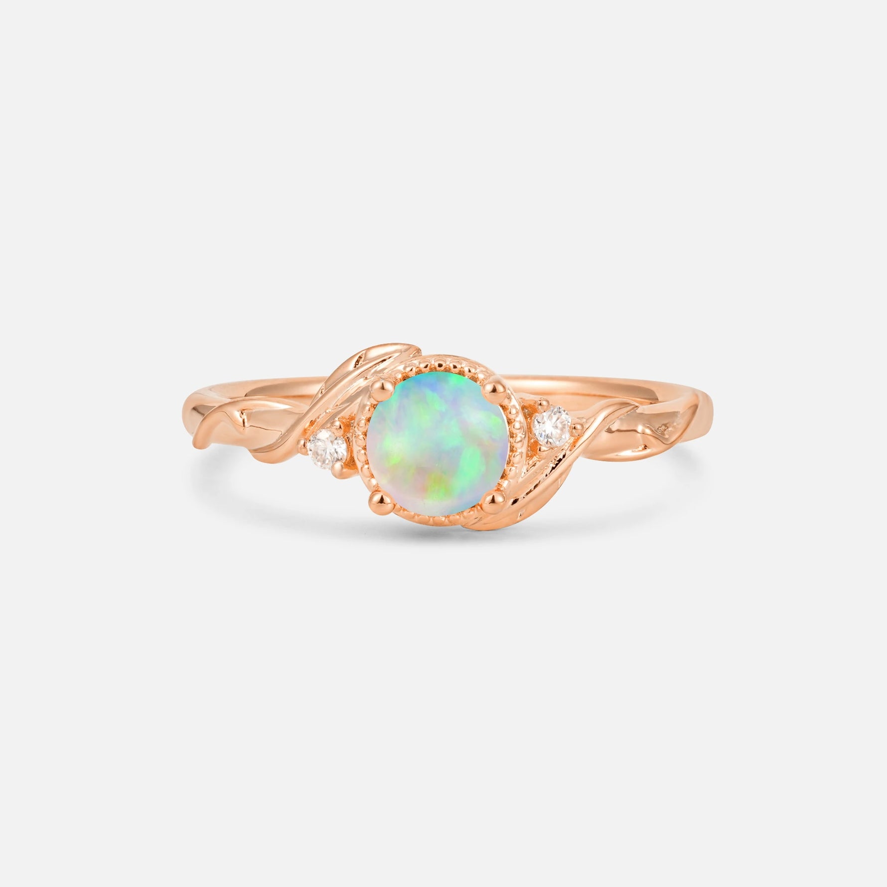 Round Cut Fire Opal Leaf Vine Nature-Inspired Engagement Ring - Additional view