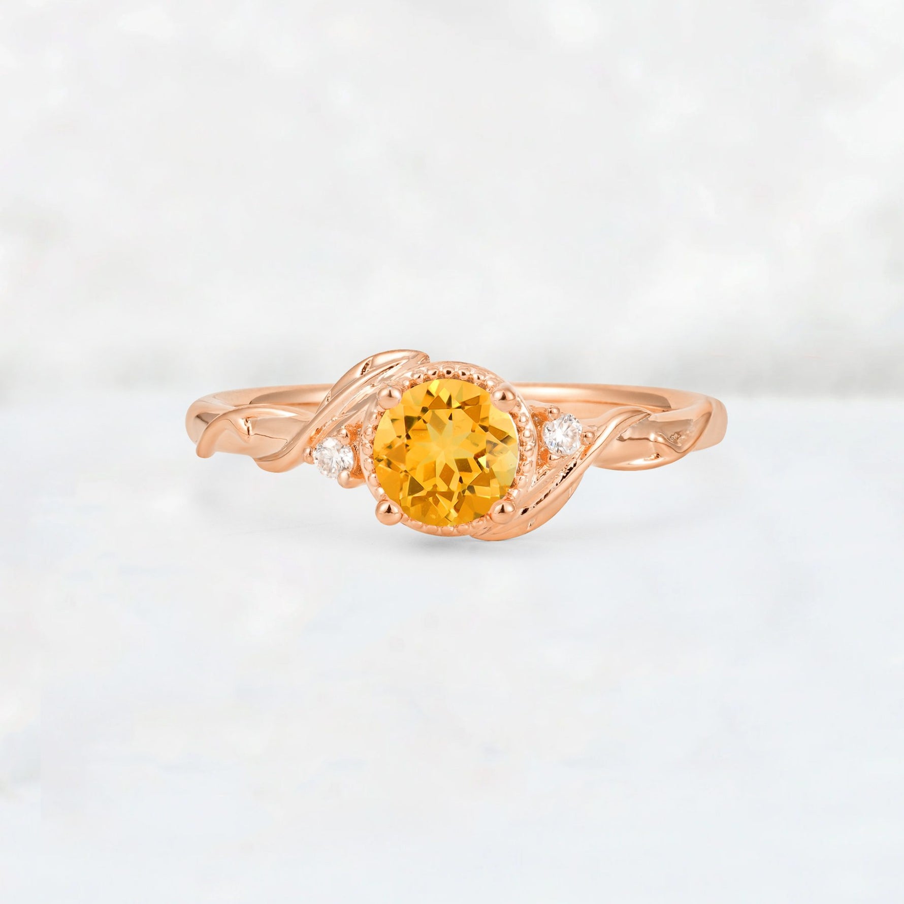 Round Cut Citrine Leaf Vine Nature-Inspired Engagement Ring - Additional view
