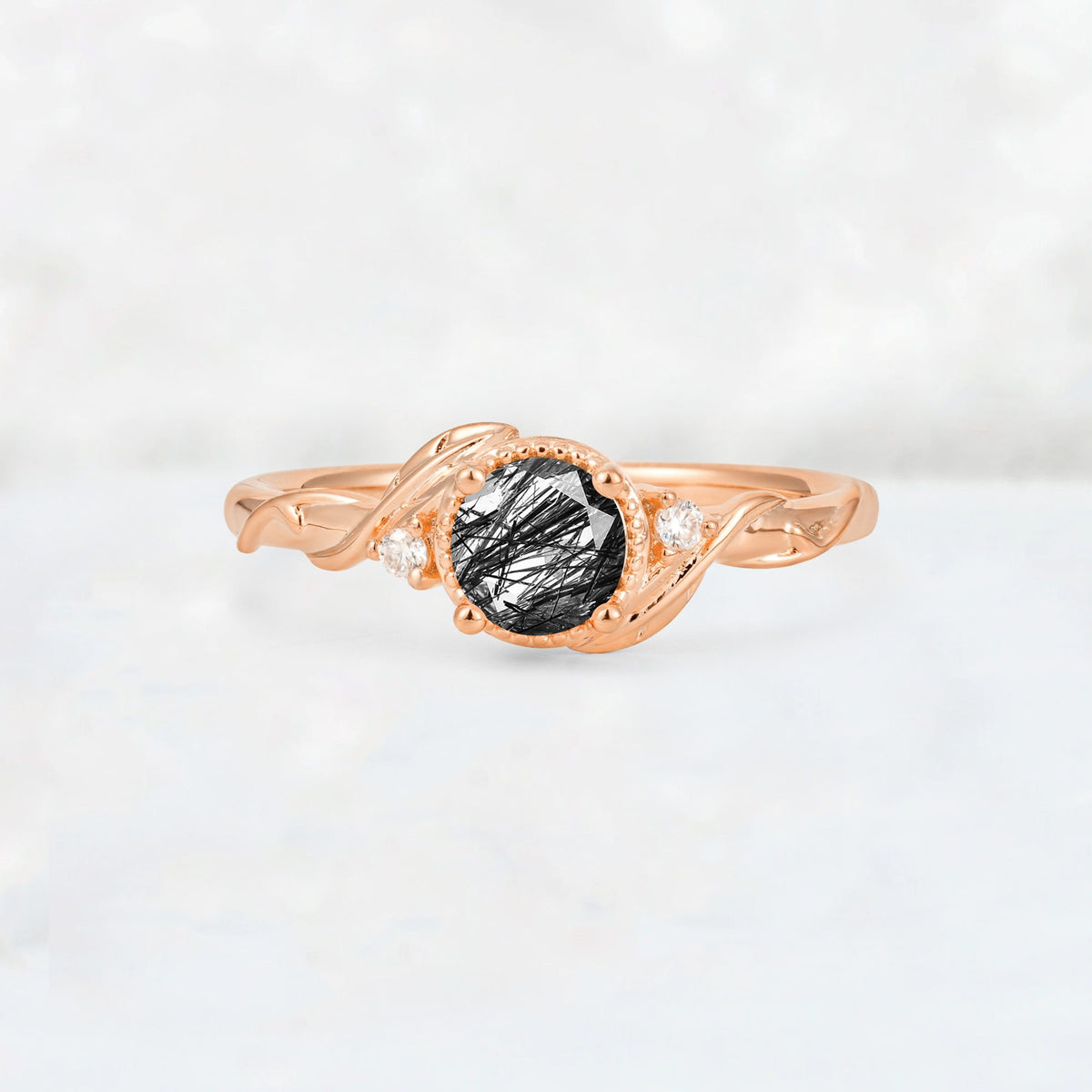 Round Cut Black Rutilated Quartz Leaf Vine Nature-Inspired Engagement Ring - Additional view