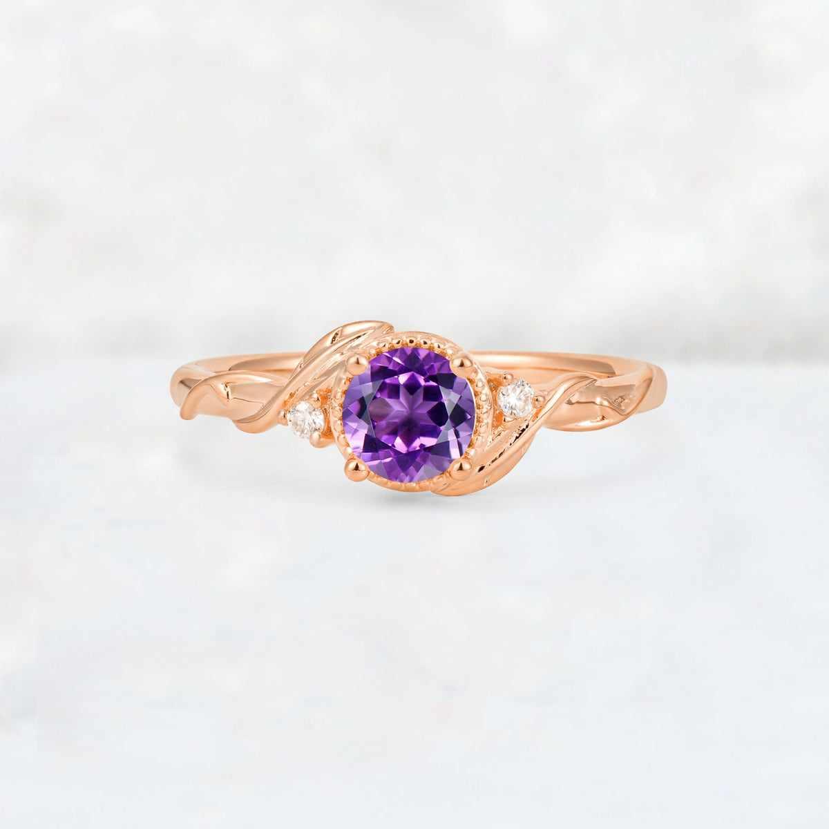 Round Cut Amethyst Leaf Vine Nature-Inspired Engagement Ring - Additional view