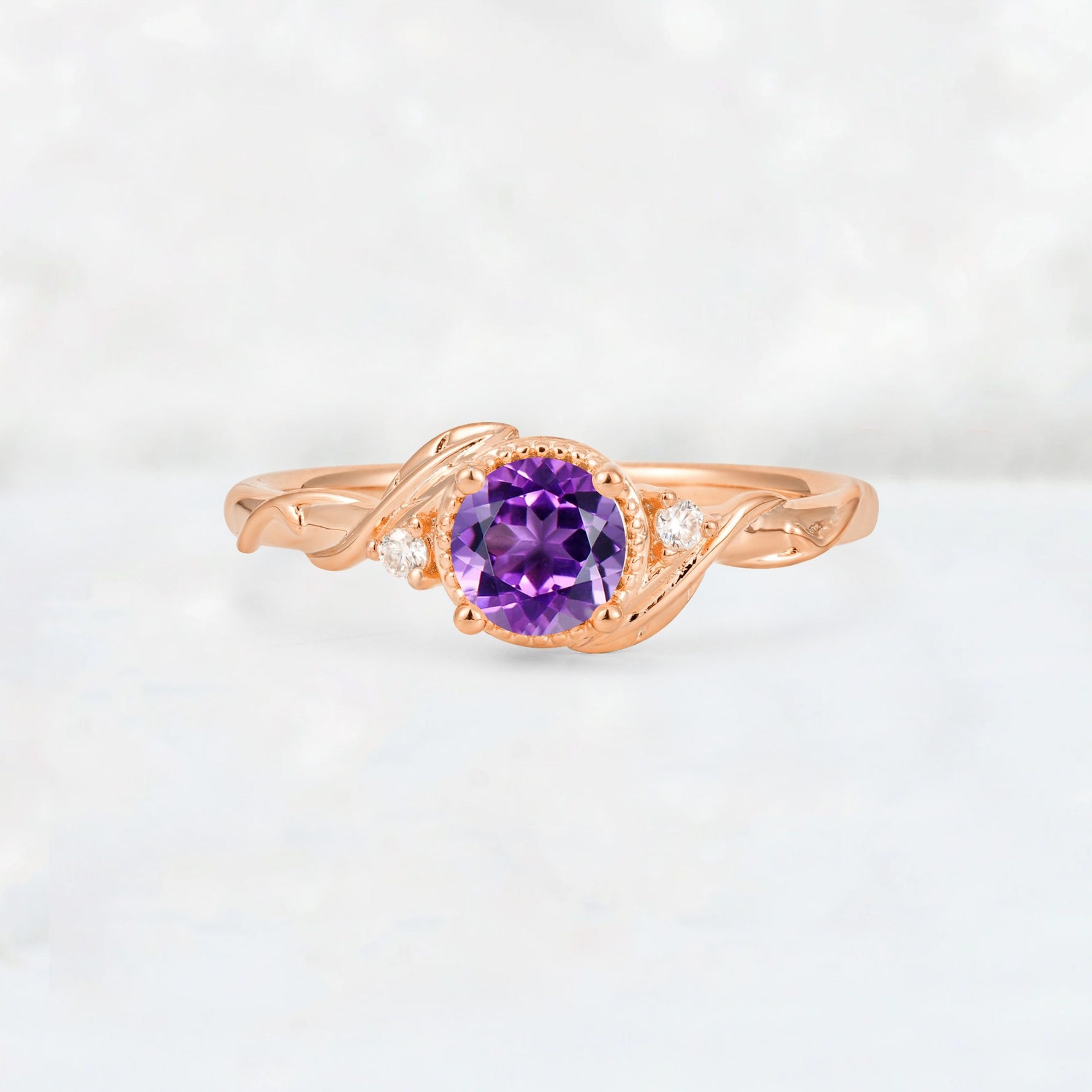 Round Cut Amethyst Leaf Vine Nature-Inspired Engagement Ring - Additional view