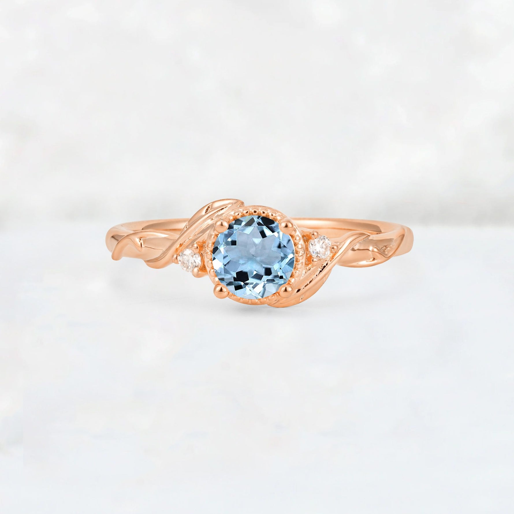 Round Cut Aquamarine Leaf Vine Nature-Inspired Engagement Ring - Additional view