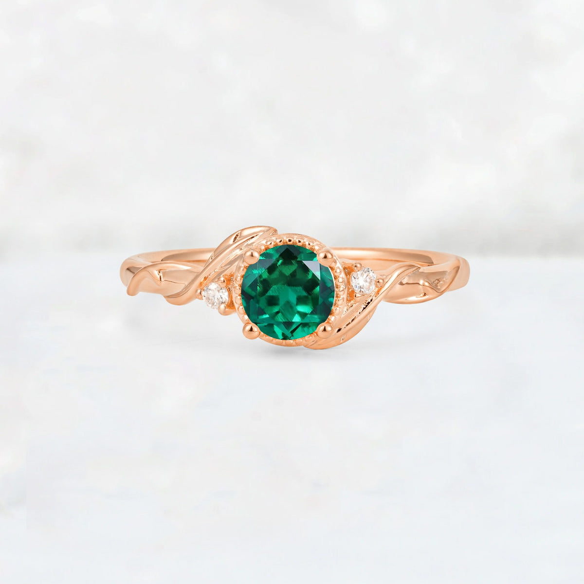 Round Cut Emerald Leaf Vine Nature-Inspired Engagement Ring - Additional view