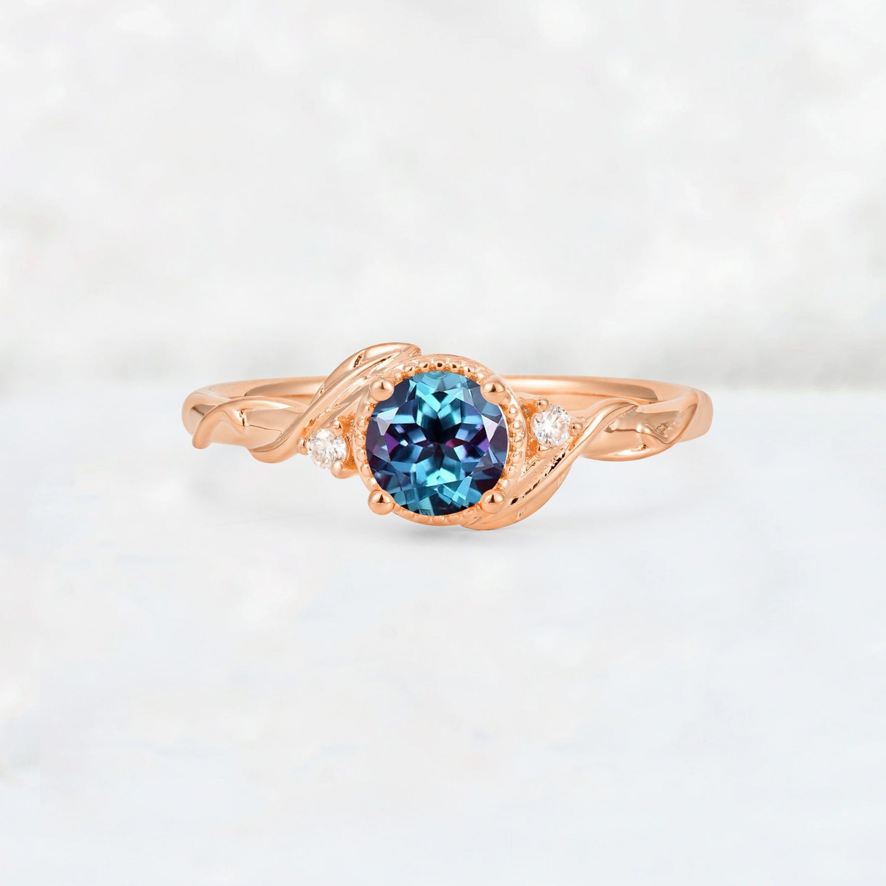 Round Cut Alexandrite Leaf Vine Nature-Inspired Engagement Ring - Additional view