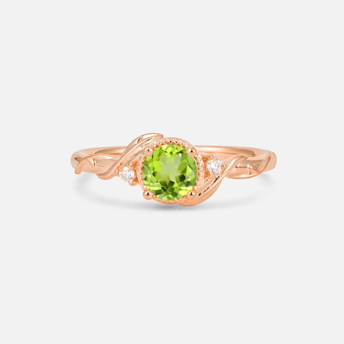 Round Cut Peridot Leaf Vine Nature-Inspired Engagement Ring - Additional view