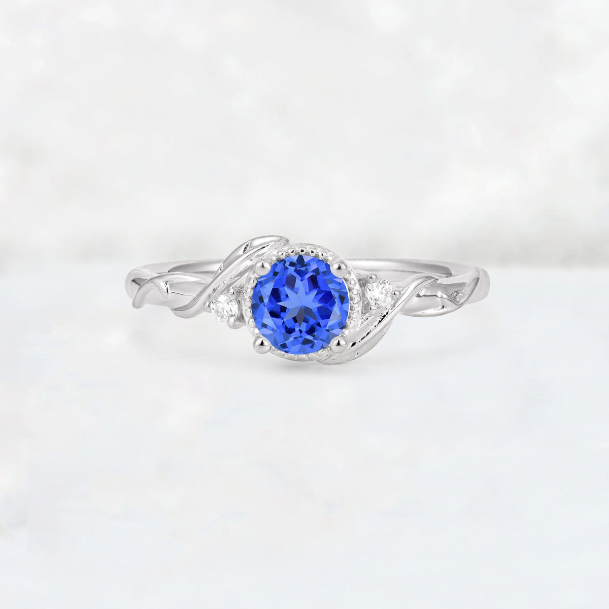 Round Cut Sapphire Leaf Vine Nature-Inspired Engagement Ring - Additional view