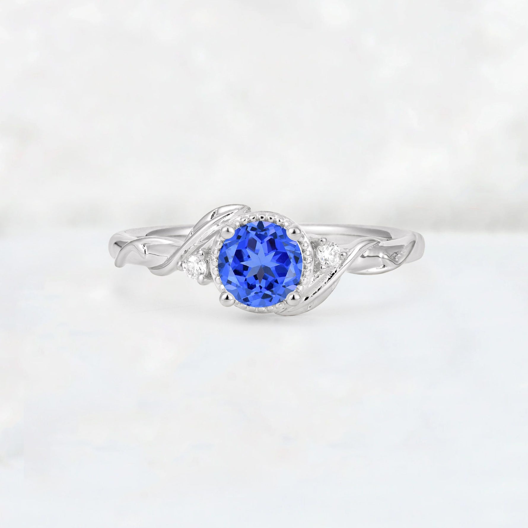 Round Cut Sapphire Leaf Vine Nature-Inspired Engagement Ring - Additional view