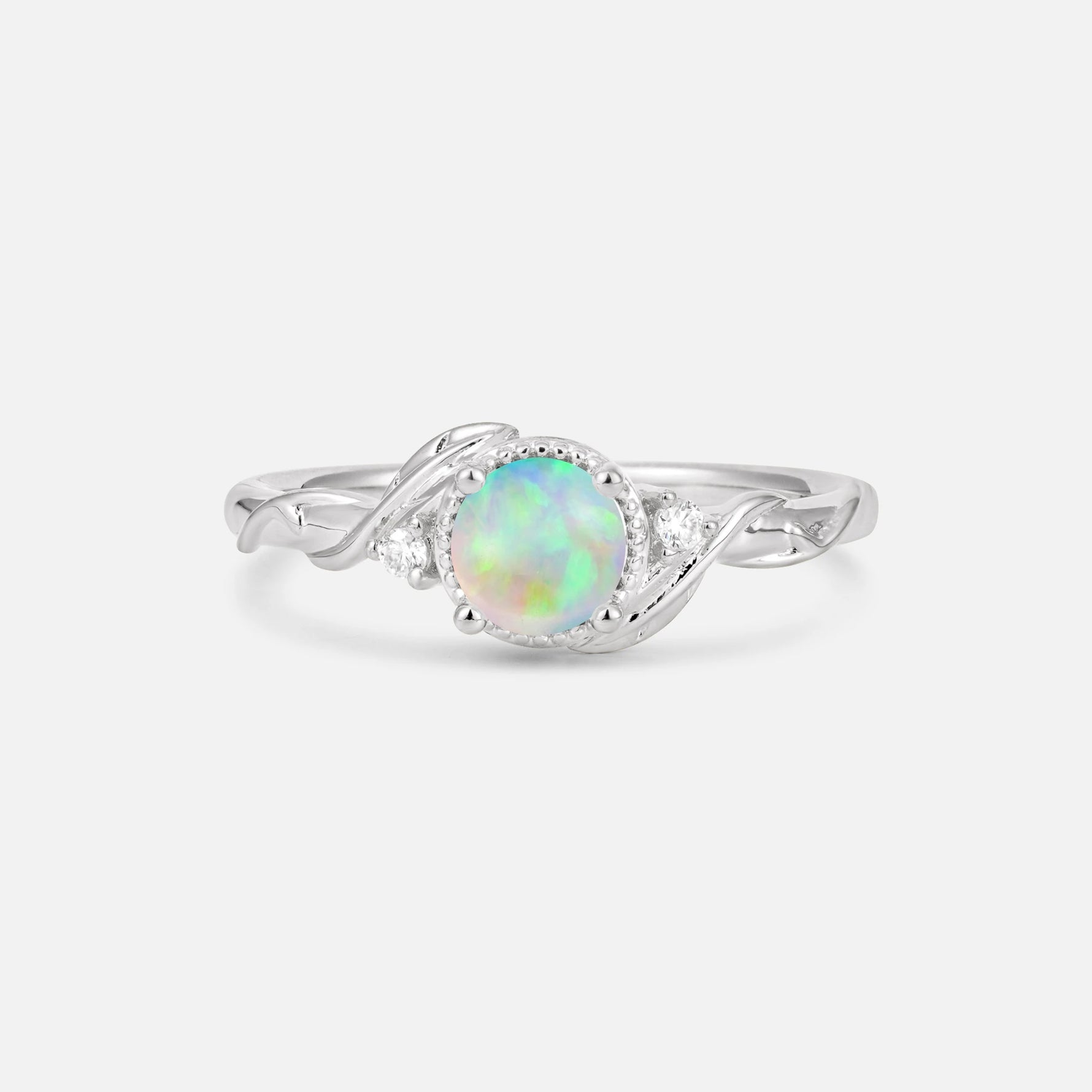 Round Cut Fire Opal Leaf Vine Nature-Inspired Engagement Ring - Additional view