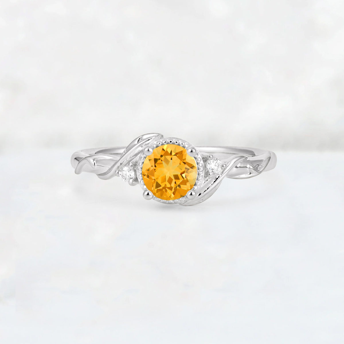 Round Cut Citrine Leaf Vine Nature-Inspired Engagement Ring - Additional view