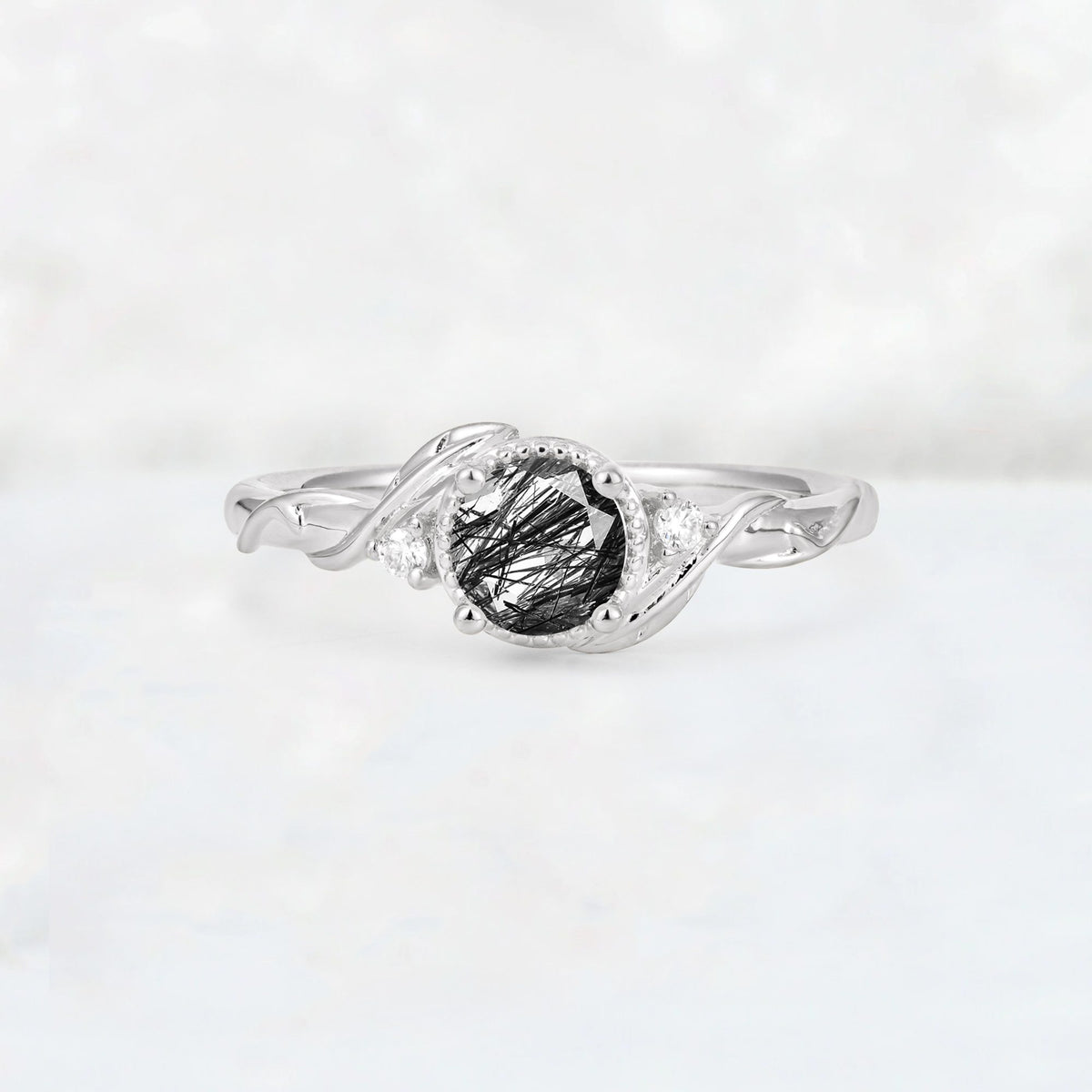 Round Cut Black Rutilated Quartz Leaf Vine Nature-Inspired Engagement Ring - Additional view