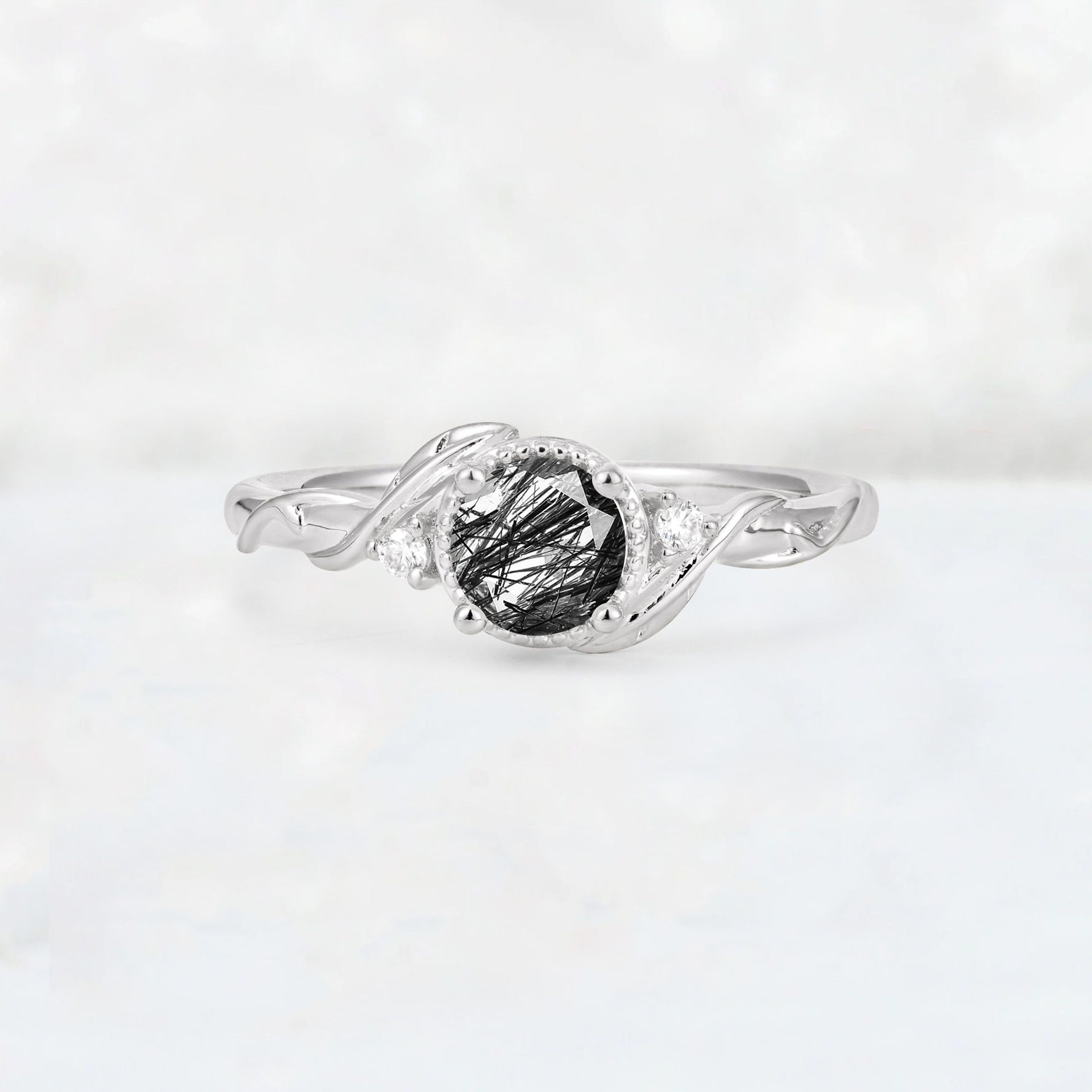 Round Cut Black Rutilated Quartz Leaf Vine Nature-Inspired Engagement Ring - Additional view