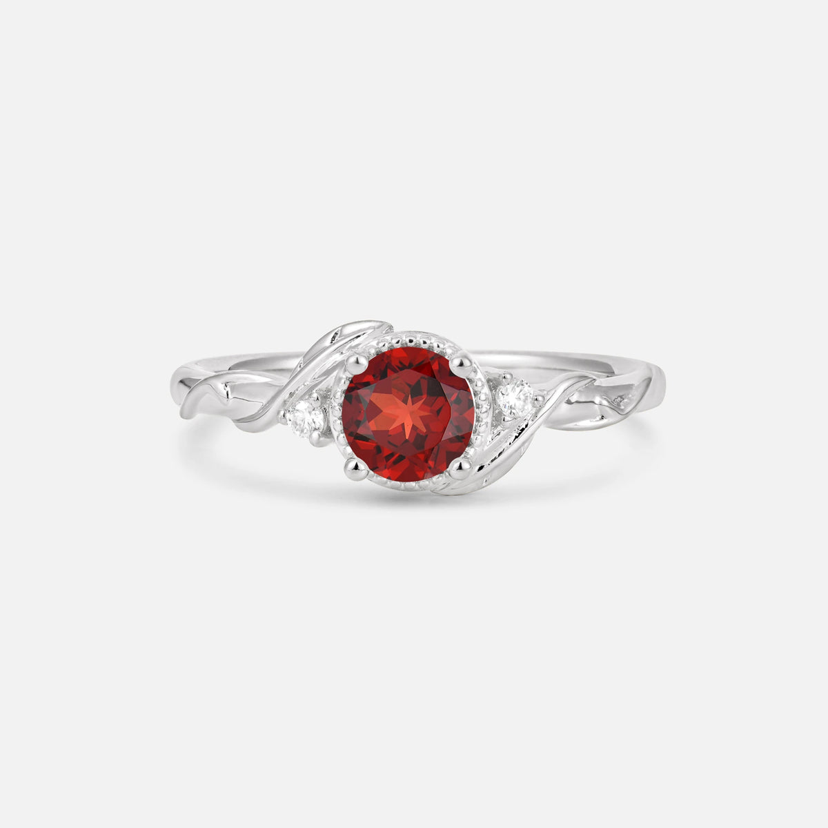 Round Cut Garnet Leaf Vine Nature-Inspired Engagement Ring - Additional view