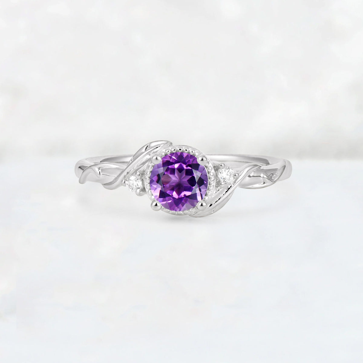Round Cut Amethyst Leaf Vine Nature-Inspired Engagement Ring - Additional view