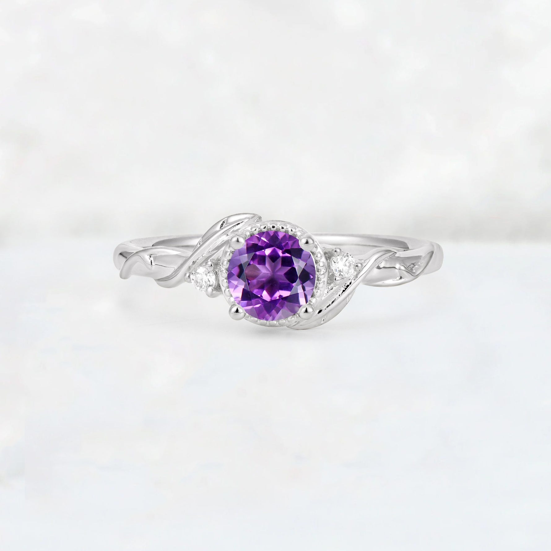 Round Cut Amethyst Leaf Vine Nature-Inspired Engagement Ring - Additional view