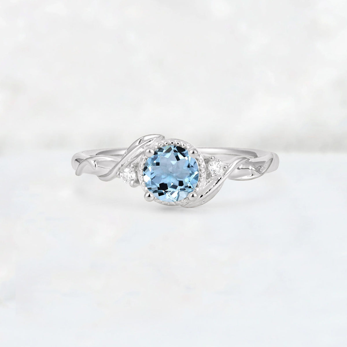 Round Cut Aquamarine Leaf Vine Nature-Inspired Engagement Ring - Additional view
