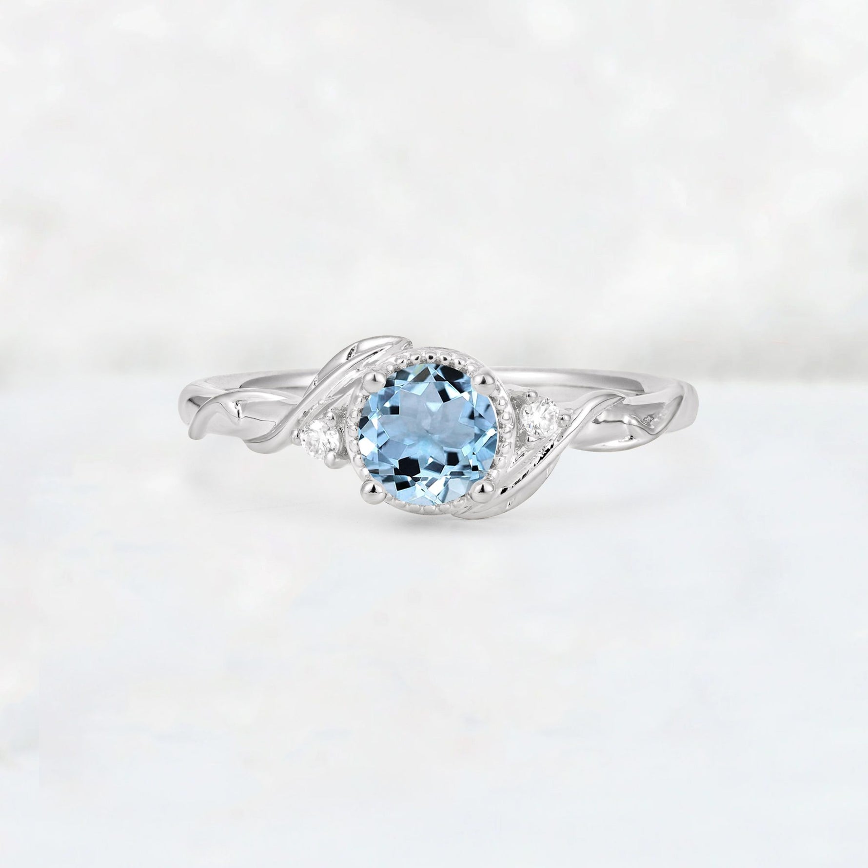 Round Cut Aquamarine Leaf Vine Nature-Inspired Engagement Ring - Additional view